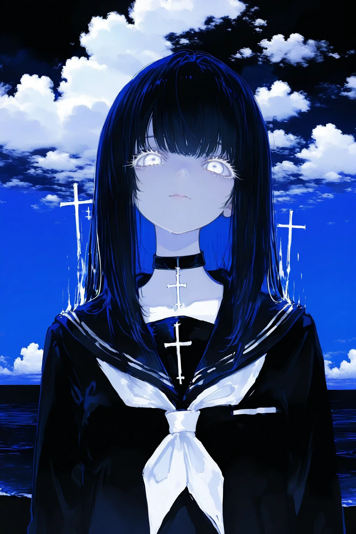 masterpiece, newest,absurdres,incredibly absurdres, 0__11Xx_illu,<lora:0__11Xx:1> ,  1girl, solo, blue theme, sky, school uniform, serafuku,white eyes, cloud,white aura, sailor collar, upper body, black hair, choker, neckerchief, shirt, cross, blue sky, black shirt, long hair, closed mouth, black background
