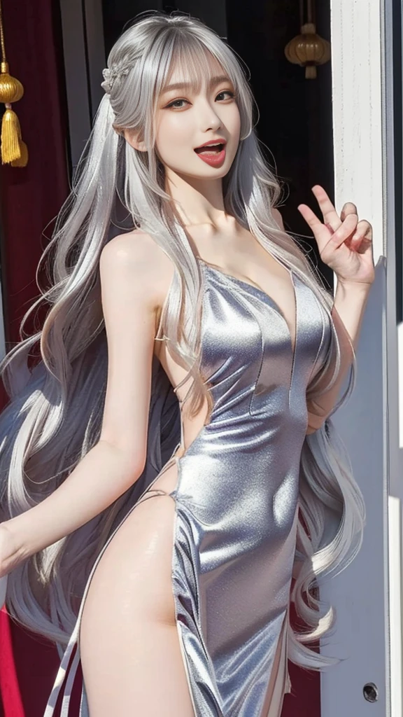 （Full body figure:1.2）, （9 heads and bodies:2.0）, (thin thighs), （thin and long legs: 2.0）, (pumps:1.2), Shiny transparent white glossy skin, 25 years old, cute sexy little handsome face, thin face, pink lips, Parted Lips, ( hair parted to one side:1.5), talllight, light blue eyes, Sexy face, sexy cute young lady, long natural blonde shiny hair,Eyebrows the same color as her hair, choker, headband,( silky silver sexy tops:1.3),  (silky silver Tight skirt :1.3), Blonde Glossy Light Hair, natural wave hair, (Intricate details: 1.2), almond eyes, (A detailed face), beautiful Smile, flushed cheeks, Medium chest, slender body shape, tight waist, small ass, the visible part of someone's thighs between their skirt, beautiful hands, thin shoulders, Look at viewers, Wind blowing skirts, standing facing forward, composition visible from above knees to head, The sea shining in the morning sun, Tropical islands, Palm trees