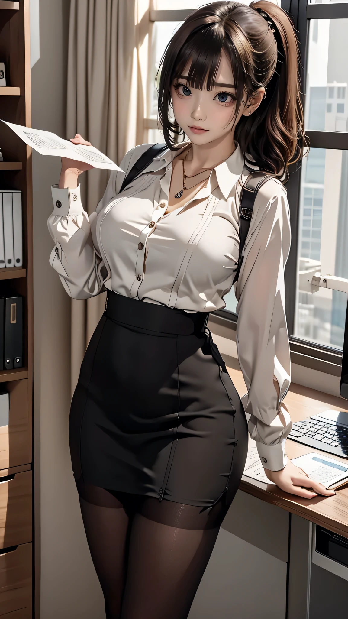High Definition, Masterpiece, Top Quality, 8k, Company, Laptop, One Girl, Angry, Brown Hair, Short Curly Hair, Ponytail, Mature Woman, Office Lady Outfit, Office Lady Outfit, Pantyhose, Dildo in Pantyhose, Nameplate, Earring, Necklace, Sideways Shot, Holding Paper, File Filing.