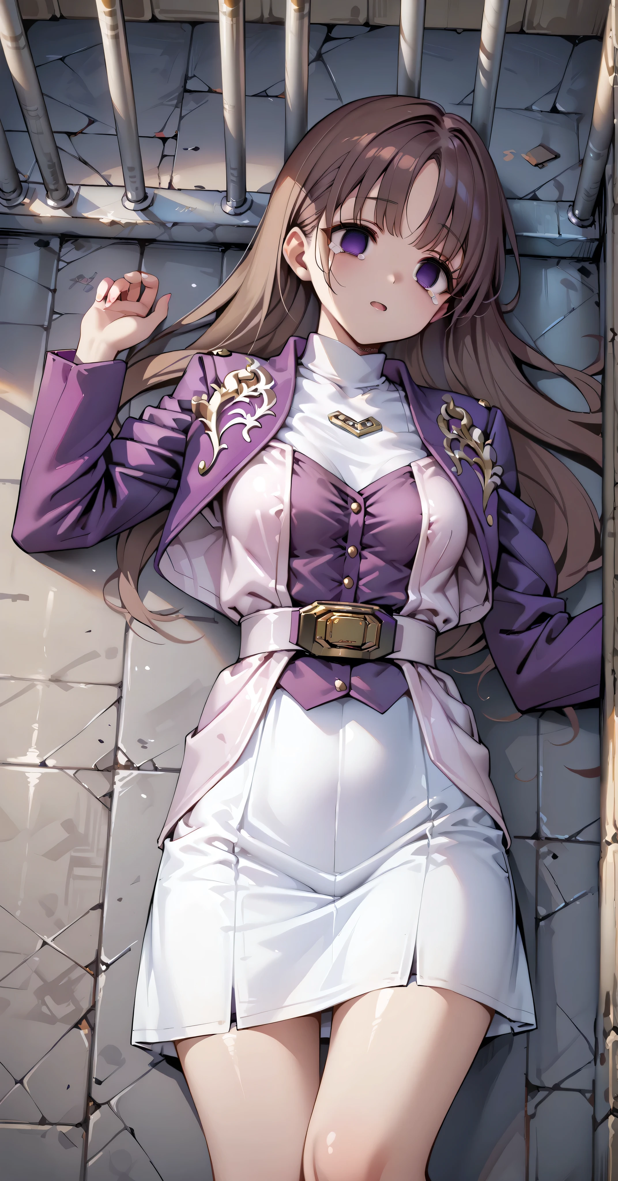 (高精細CG), (best quality), in jail,1 girl, perfect face, wide hips, Slim waist, , purple bolero jacket,white skirt,long sleeve, Pink Belt, straight and long hair , brown hair, ((( empty eyes ))),crying,opening like a circle,lying on the ground on your back,