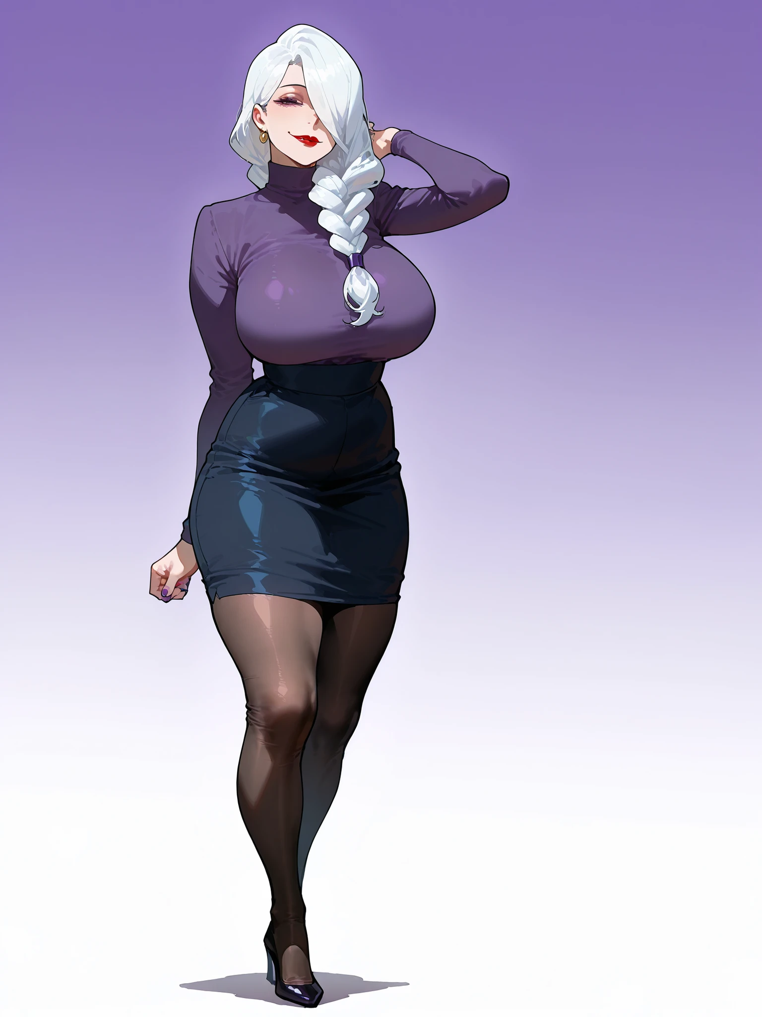 score_9_up, score_8_up, score_7_up 1girl, purple nails, mature female, Mei Mei, white hair background, long hair, braided ponytail, front ponytail , purple eyes, braid, hair over one eye, one eye covered, Red Lips, lipstick, squinting eyes, Looking at the viewer, smile, mouth shut, purple nails, and thick thighs, voluptuous body, plump body, Looking at the viewer, Wearing tights, turning around, clothes from behind,Looking at the viewer, sfw, full body, from the waist down