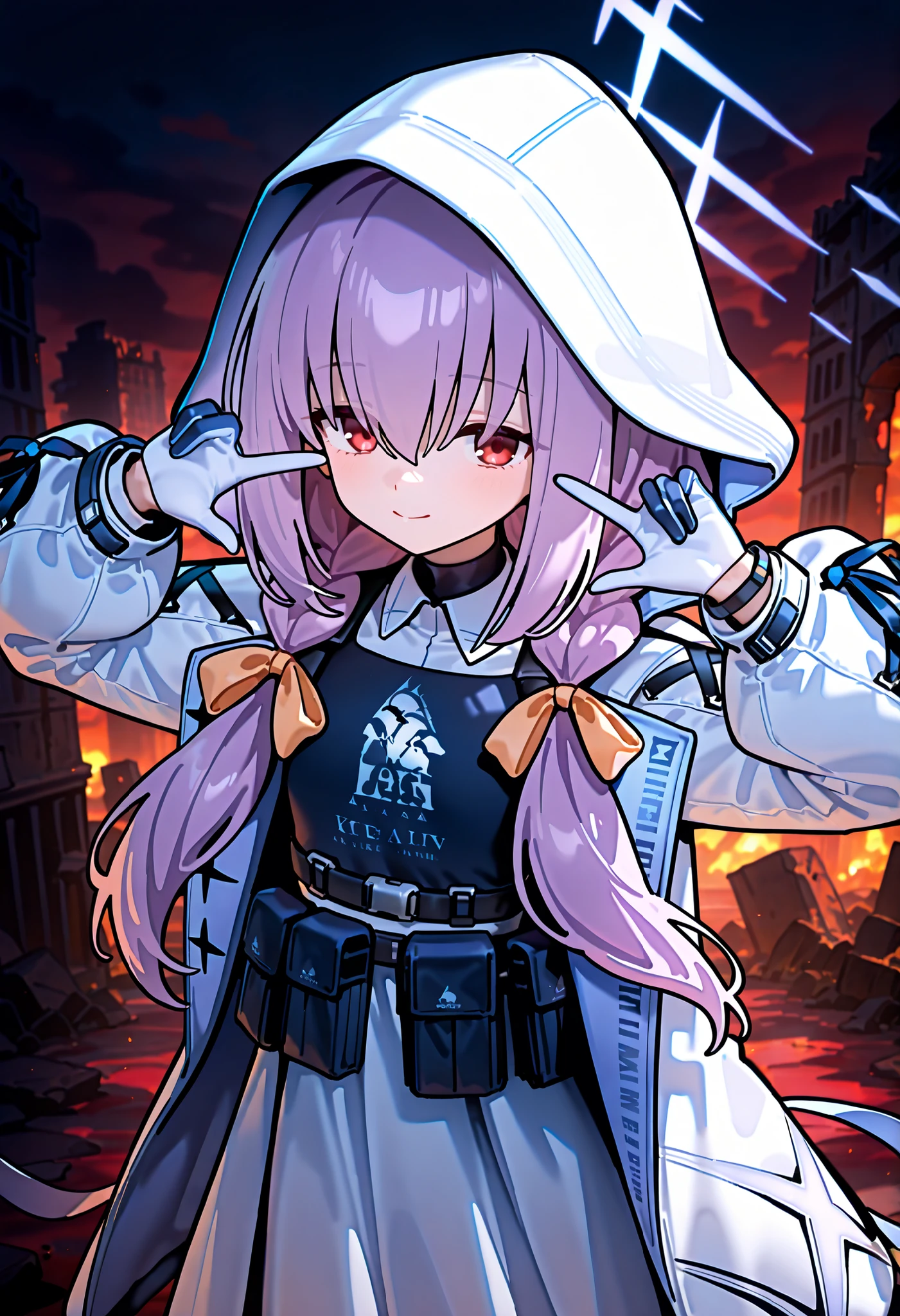 atsuko \(BLUE ARCHIVE\),purple hair,red eyes、 The place is in ruins。 hands。hand gesture on the back of clothes。hand sign