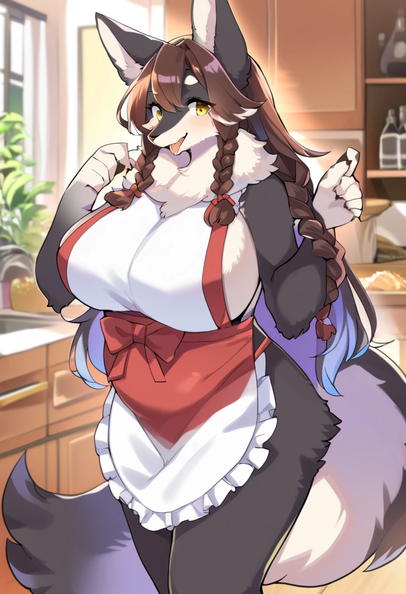 by darkgem, by mystikfox61, by bebebebebe, by sindoll, by cervina7, solo, female, mature female, older, late 40's, mom, mother, milf, chubby, canine, ((hair, long snout)), narrow eyes, smirking, apron only, wide waist, thick thighs