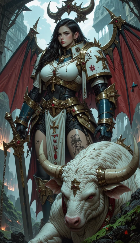 (best quality, masterpiece, high resolution:1.2), detailed painting, oil painting, medium closeup, a young female Khorne warrior, looking at viewer, (visible pussy:1.2), wet pussy, public hair, pussy juice, (beautiful face:1.2), detailed face, expressive eyes, (seductive eyes:1.1), (blush:1.2), (seductive smile:1.2), parted lips, small breats, nipples, rosy cheeks, femdom, arosal, passionate, naked, (red pauldrons:1.1), reflecitons, glowing eyes, necklace, realistic skin texture, long braid, platinum haircolor, rough diadem, makeup, (nsfw, uncensored:1.1) BREAK
In the desolate landscapes of the Warhammer 40k universe, a young female Khorne warrior sitting on a golden throne of immense grandeur, forged from molten gold . Seated with regal poise, she exudes an air of ruthless authority, her red armor gleaming in the harsh light of a bright day. medium close-up shot captures the intricate details of her ornate armor, the wicked design of her weapon, and the fierce determination in her eyes. surrounded by allied demons, demon guards, crowd, The detailed oil painting transforms this tableau into a masterpiece, showcasing the brutality and opulence of the Warhammer 40k universe.big windows, sky, dark fantasy
<lora:khorne:0.65>
<lora:BearlySD:0.65>
<lora:zoom_slider_v1:-1.7>
<lora:m99_labiaplasty_pussy_2:0.3>