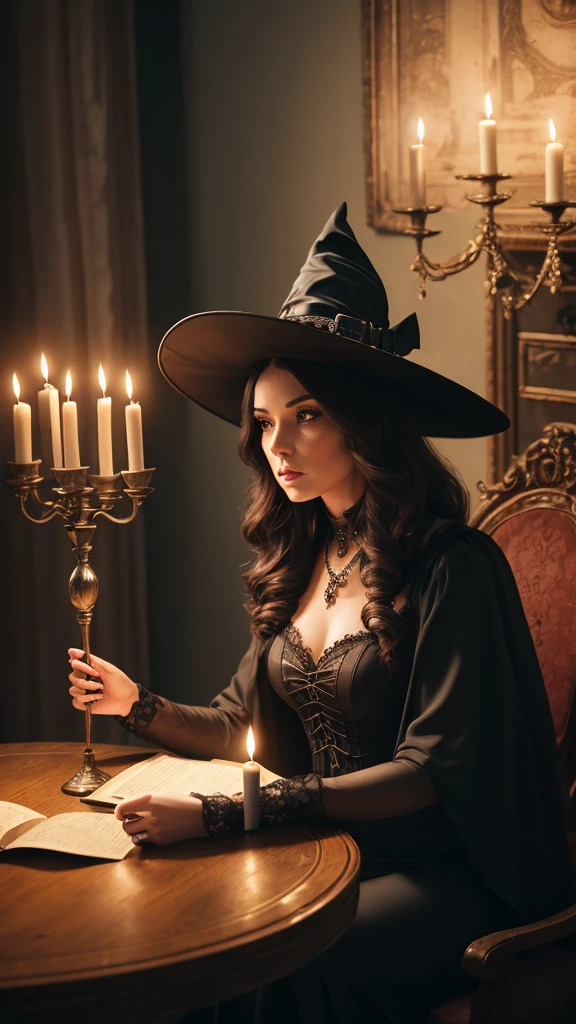 a beautiful woman , queen WITCH  WITH A hat TAROT CARDS and crystals MAKING MAGIC .the Style-RustMagic, Aum, (atmosfera escura:1.2), (Mist & smoke), (noite escura:1.3), Cicatrizes, (shaggy medium length dark hair:1.1), (sombra:1.1), (brilho lindamente detalhado:1.2), (cinematic lighting), detalhe intrincado, high resolution,