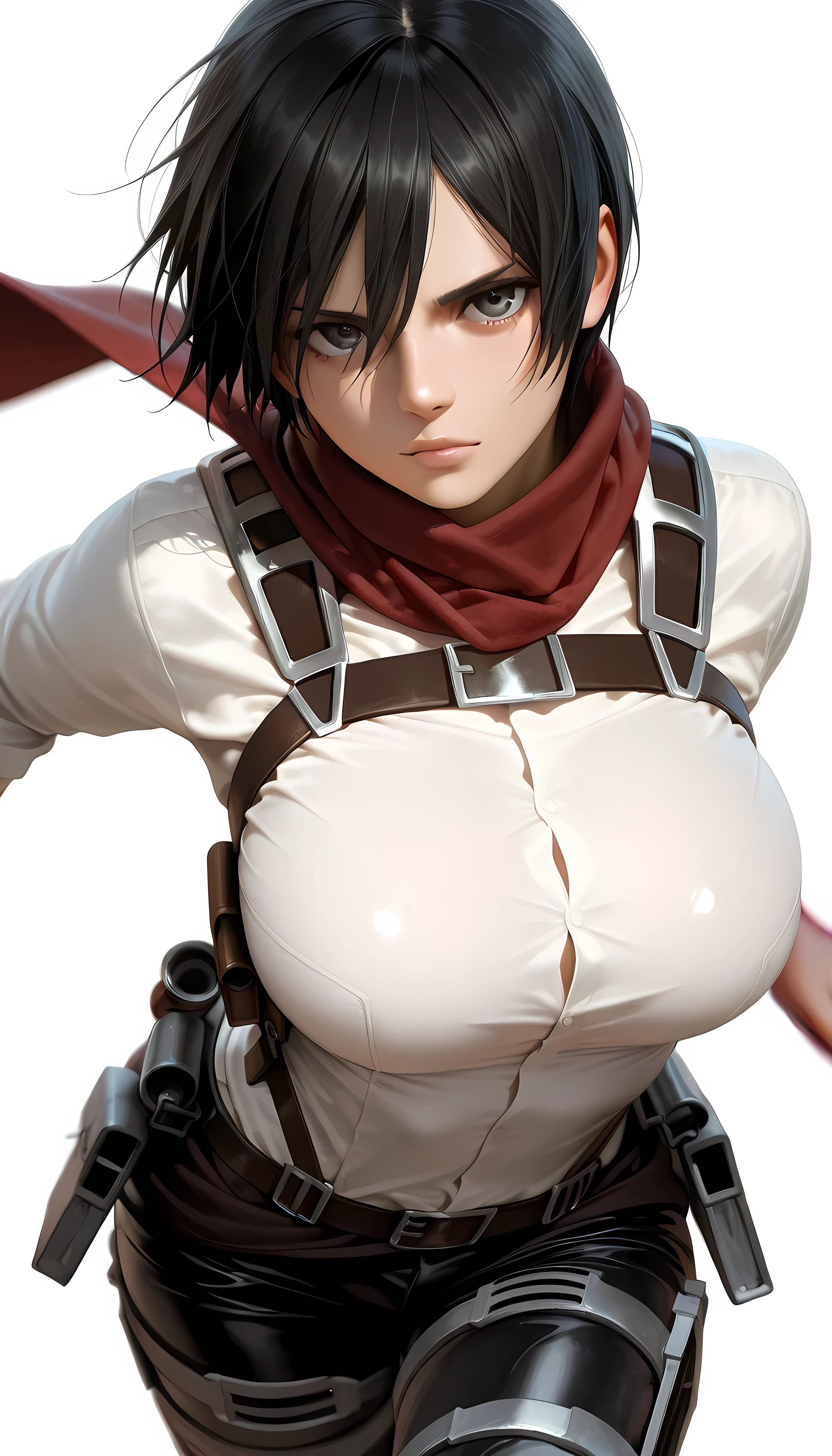 masterpiece,best quality,ultra high res,photorealistic,8K UHD,hyper-detailed,depth of field,solo,1girl,looking at viewer, admikarman, black eyes, black hair, short hair, red scarf, paradis military uniform, black pants, big breasts, large thighs, white background