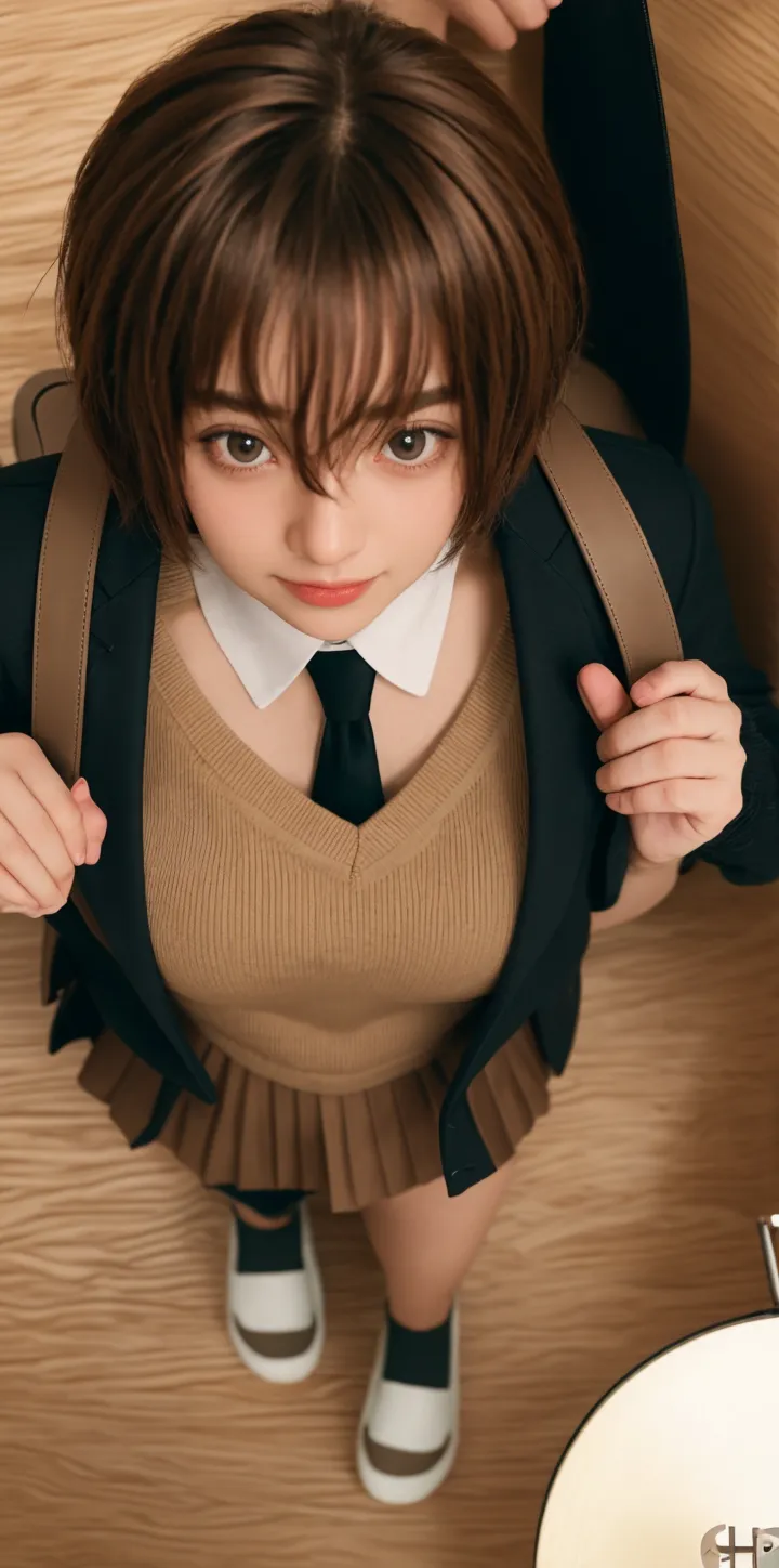 photorealistic, a young Japanese woman, Small face, cutest, surprised expression, short light brown hair, headband, green eyes, big breasts, a green v-neck sweater over a light blue collared shirt, blue tie, sweater is slightly oversized, fitting her frame loosely. Short pink and white checkered skirt, one hand tugging at the sweater, posed as if caught off guard, school , focus on character, maintaining realistic portrayal