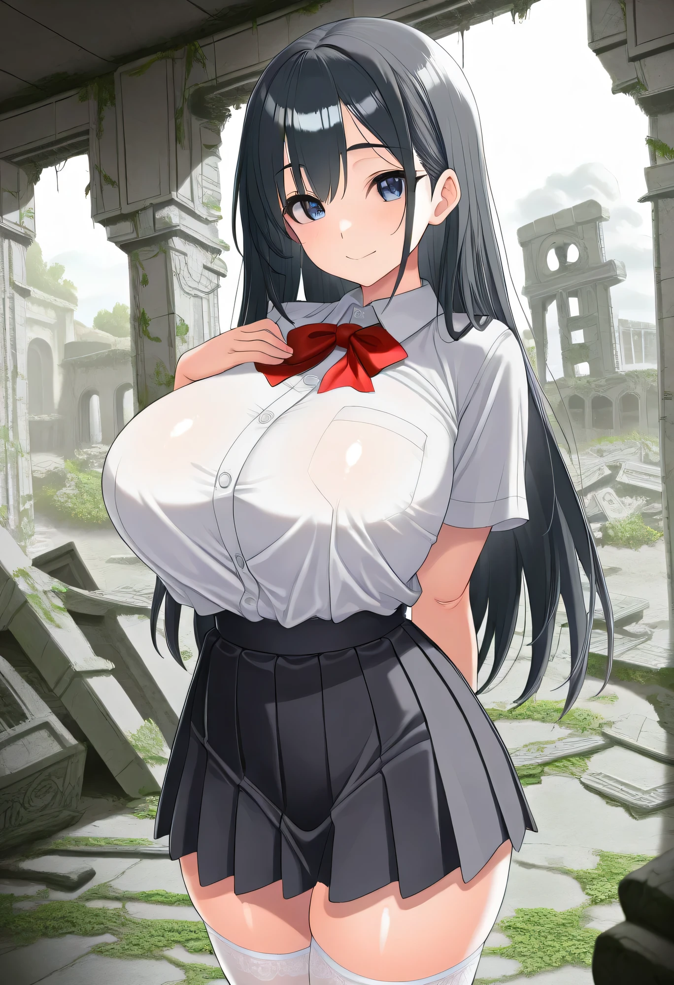 best quality、masterpiece、Detailed Background、Beautiful Girl、huge breasts、perfect body line、jk uniform、dark blue pleated skirt、 Machu Picchu、Mysterious Atmosphere、(The girl reflected in the background of the ruins:1.5)、Lush green mountains々 、When the sun rises, the entire ruins shine gold and clouds are mountains々 through shiny white stockings 、cute