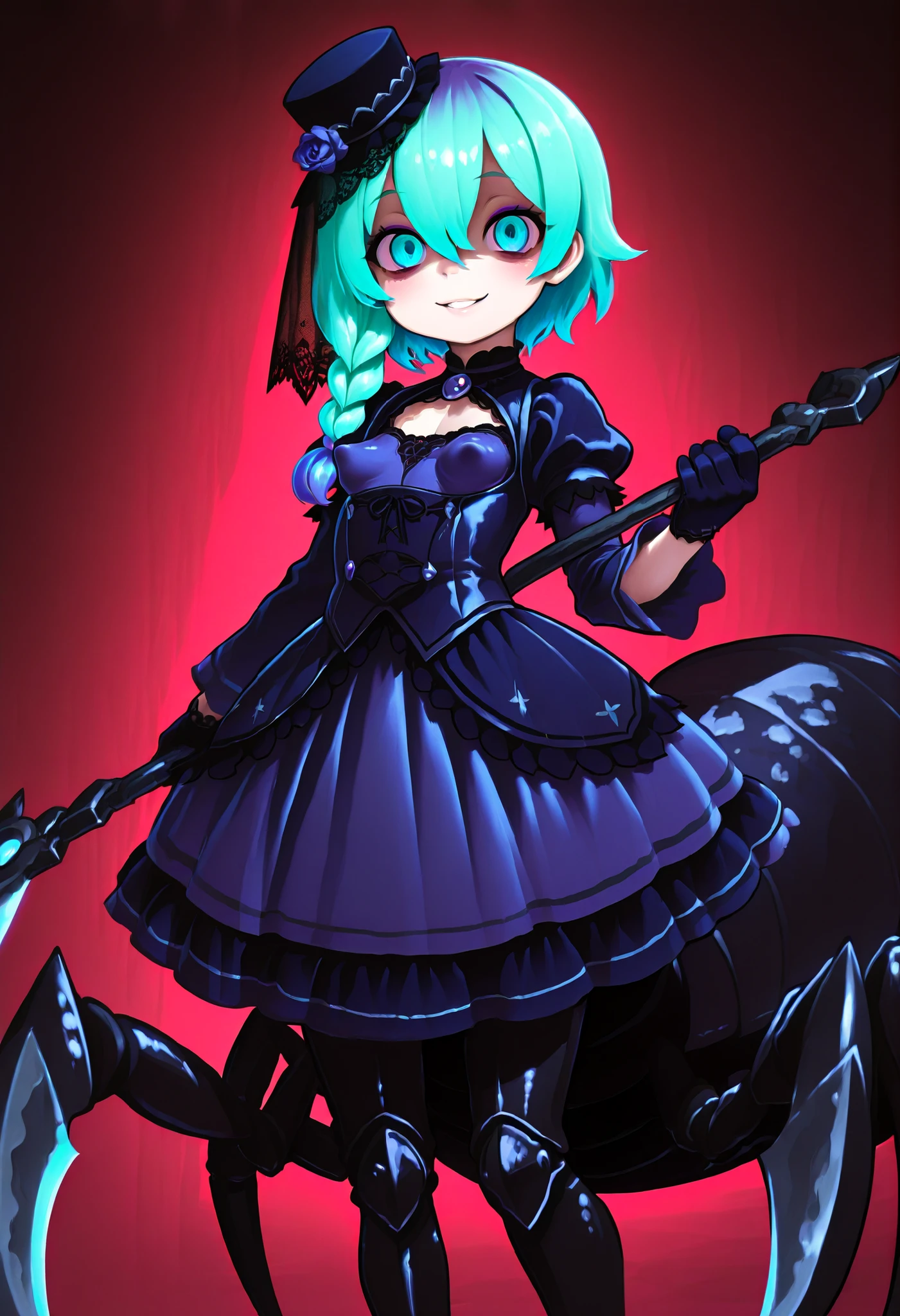 Serket. Scorpion type arachnegal. lavender-colored hair. single blade. Gothic Dress. purple and blue dress. Raffles . Lace veil. small gothic hat. Yandere eyes. Sickle. weapon. perky breasts. scorpion leg. scorpion claws. Scorpion's Tail. black shell. multilegged.