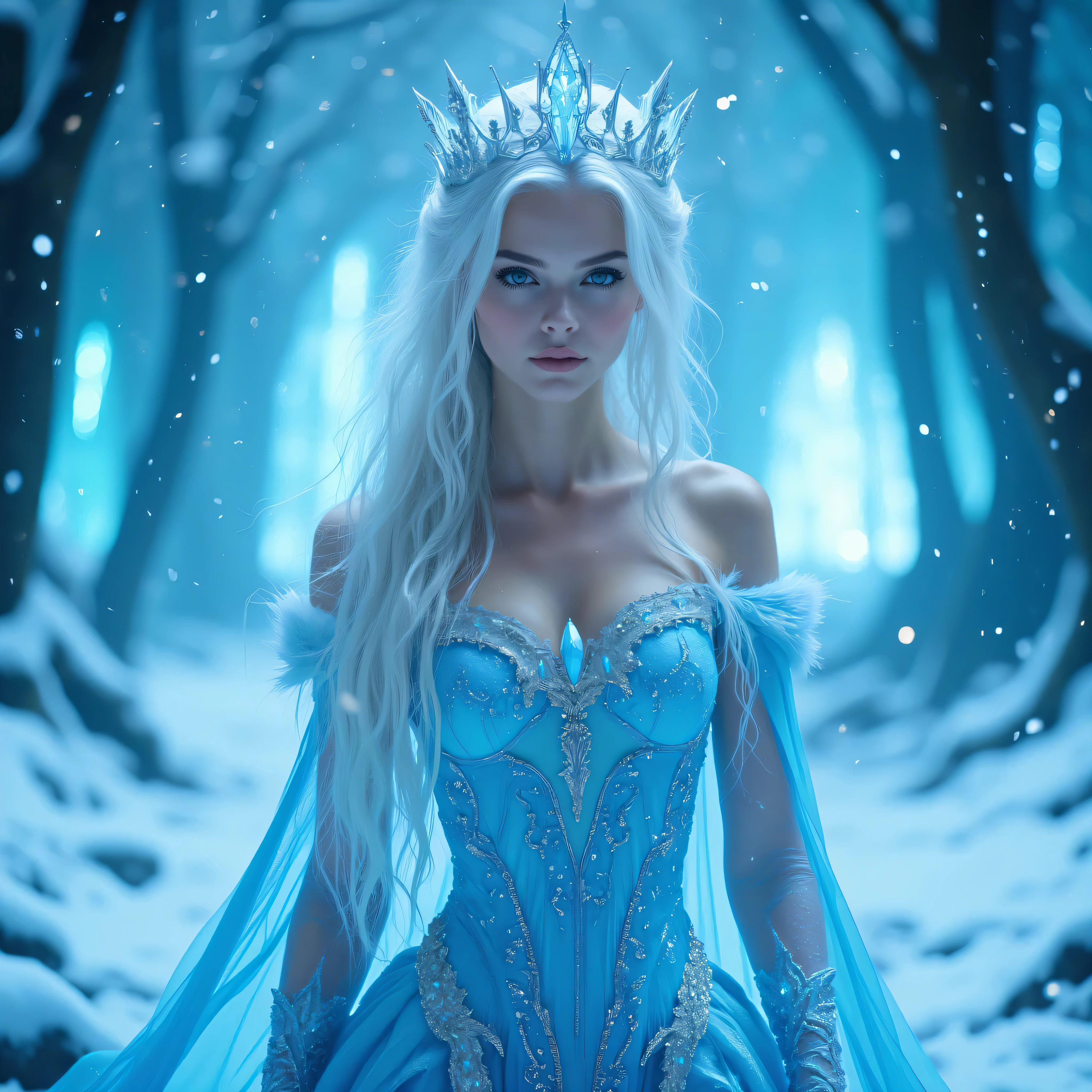 Princess of the Ice Kingdom
Description : A princess with silvery-white hair, dressed in an elegant ice-blue costume adorned with crystals . Her crown appears to be made of icicles .
0aDetails: An ice and snow palace with boreal lights illuminating the sky.
magic elements: Snowflakes floating , particles of cold light , and shiny reflections on the icy surface .