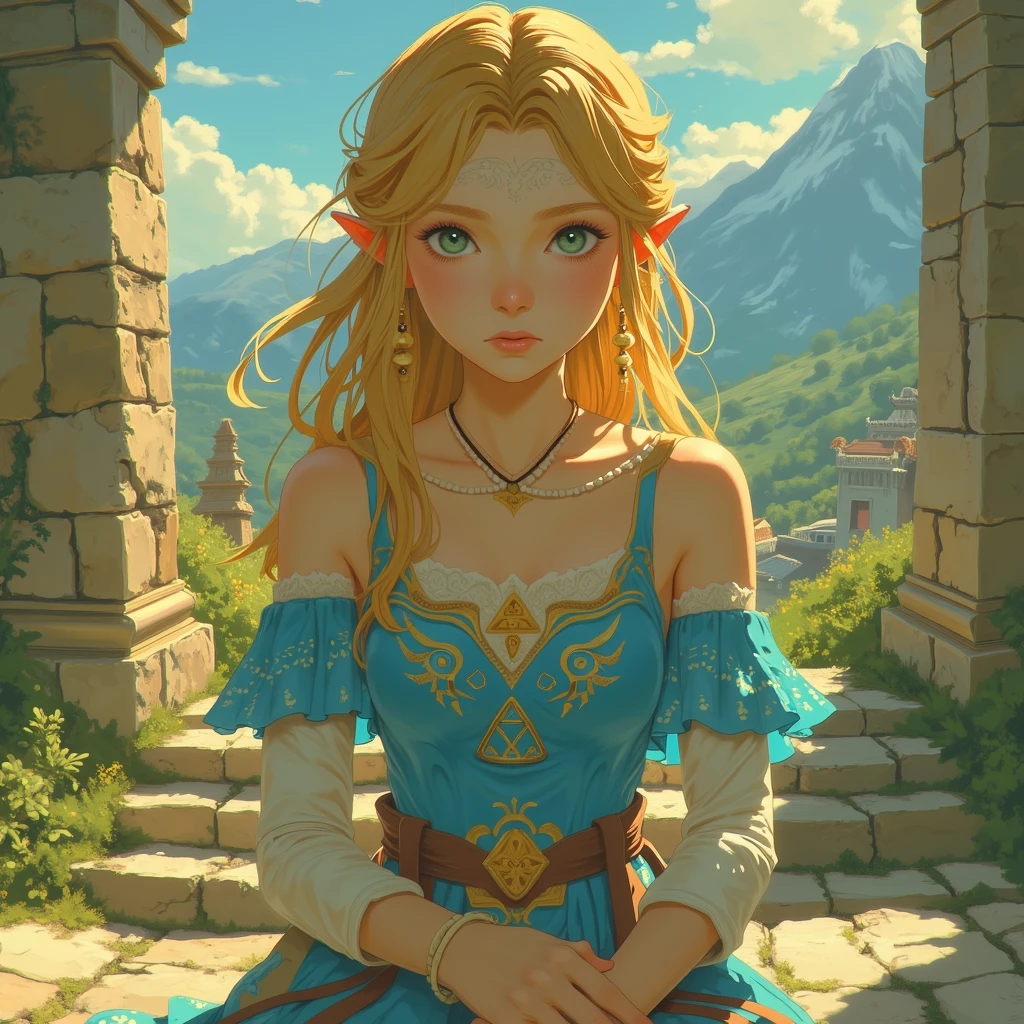 a close up of a person sitting on a stone steps, zelda botw, botw style, princess zelda, from legend of zelda, botw, portrait of princess zelda, zelda with triforce, portrait of zelda, zelda breath of the wild, zelda twilight princess, breath of the wild style, zelda, legend of zelda, zelda style art, hyrule