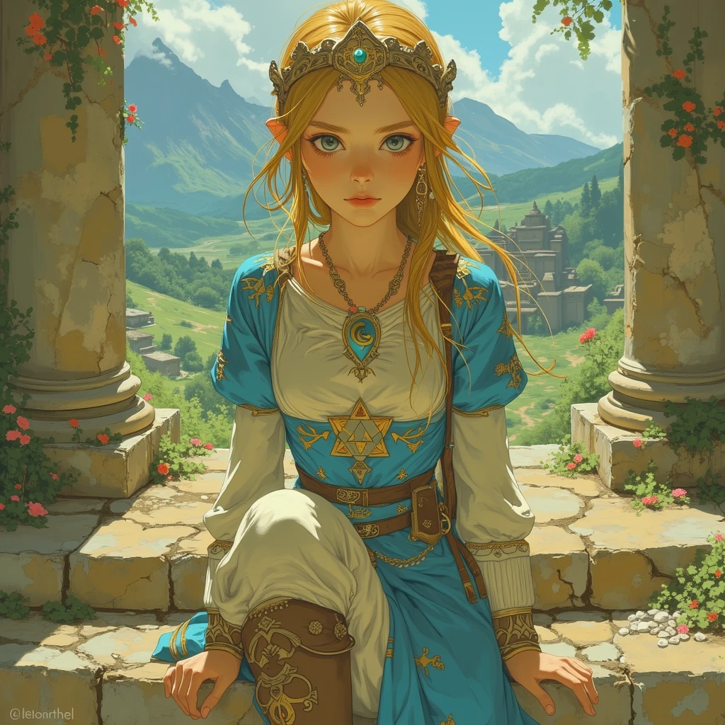 a close up of a person sitting on a stone steps, zelda botw, botw style, princess zelda, from legend of zelda, botw, portrait of princess zelda, zelda with triforce, portrait of zelda, zelda breath of the wild, zelda twilight princess, breath of the wild style, zelda, legend of zelda, zelda style art, hyrule