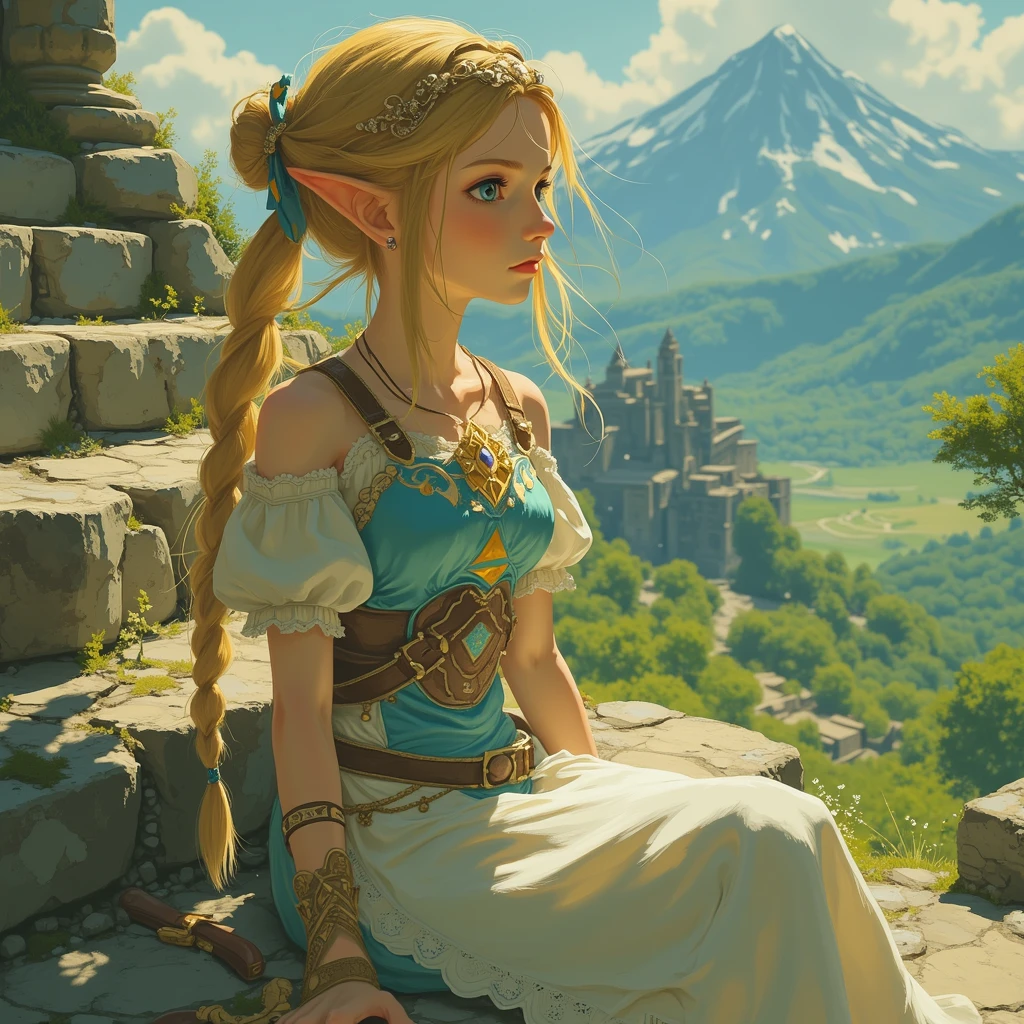 a close up of a person sitting on a stone steps, zelda botw, botw style, princess zelda, from legend of zelda, botw, portrait of princess zelda, zelda with triforce, portrait of zelda, zelda breath of the wild, zelda twilight princess, breath of the wild style, zelda, legend of zelda, zelda style art, hyrule