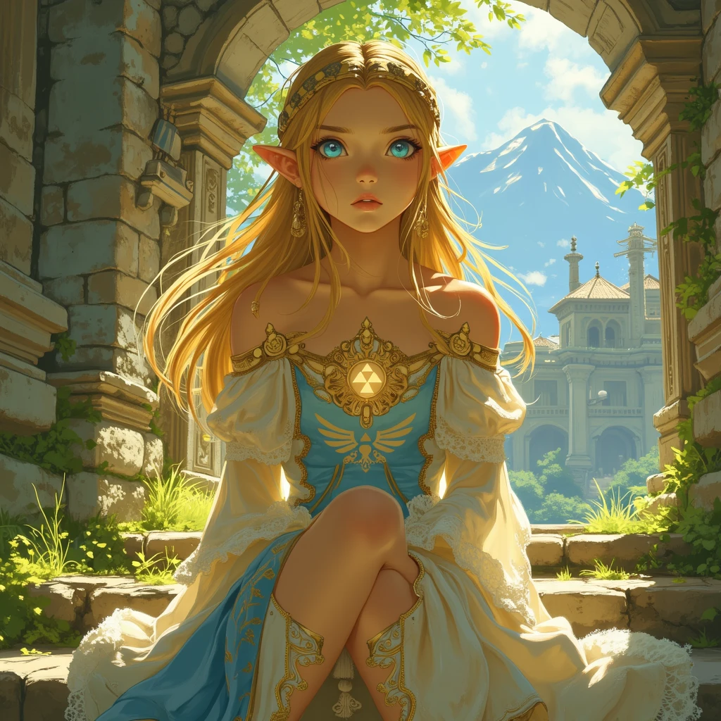 a close up of a person sitting on a stone steps, zelda botw, botw style, princess zelda, from legend of zelda, botw, portrait of princess zelda, zelda with triforce, portrait of zelda, zelda breath of the wild, zelda twilight princess, breath of the wild style, zelda, legend of zelda, zelda style art, hyrule