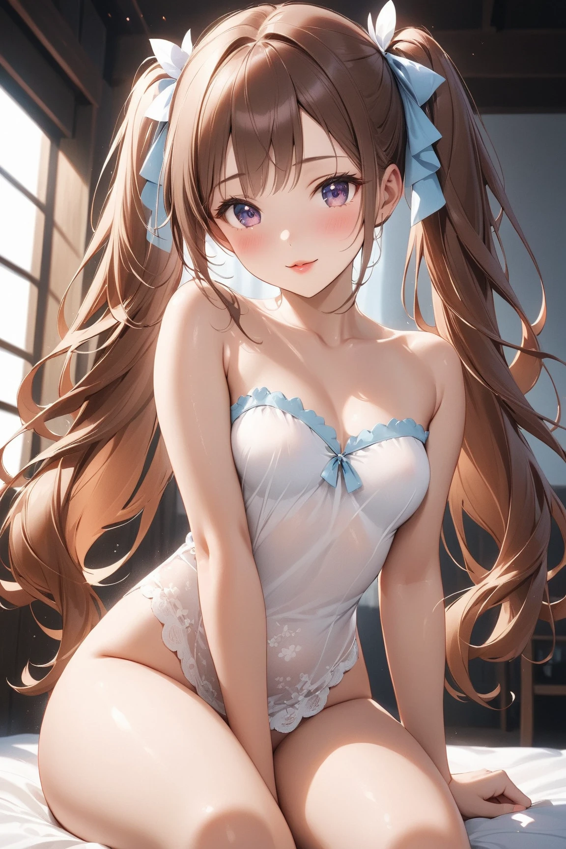 (((masterpiece, Highest quality, High resolution, 超High resolution, Perfect Pixel, Depth of written boundary, 4K, RTTX 10.0))), Beautiful Anime Women, Beautiful art style, Anime characters, ((Smooth texture, Realistic texture, Anime CG Style)), Exact finger count、Exact number of legs、(Exact number of arms:1.0, Exact number of hands:1.0), (Perfect hands, Perfect Anatomy), Cinematic, Realistic, Extremely detailed CG, Daytime lighting, Perfect lighting, Best Shadow, The best natural light, whole body, Perfect body, バランのとれたPerfect body, Perfectly balanced style, (Slender body:1.2), ((Long Hair, bangs, Reddish brown hair, Stylish hairstyle)), ((A cute woman stands with her hands in her panties:1.8)), (Put one hand in your panties:1.8), (fingering:1.8), (pussy juice:1.5), ((Bow tie around neck, High heels:1.3), (Sexy and cute white underwear:1.3), (Stylish shiny white satin panties, Side-tie panties, Panties with white center and lace decoration on the sides:1.3), (Thin panties with ribbon:1.3), (White micro lace satin bra, White bra with lace trim, Thin bra with ribbon:1.3), (lace garter belt, Garter Strings, Knee socks:1.3):1.3), (Beautiful big , Cleavage:1.1), (Embarrassed expression:1.4), blush, (sexual pleasure expression:1.5), (The expression of someone who is holding in the toilet:1.4), (Look up, Mouth half open:1.4), (Half-close your eyes:1.3), (Stylish bar, Stylish restaurant, Many customers in the background, A busy store, Chair, table:1.3), naked, In underwear, Waitress in underwear, (Frilly maid-like headband:1.2), whole body, Angle from the front, chizuru