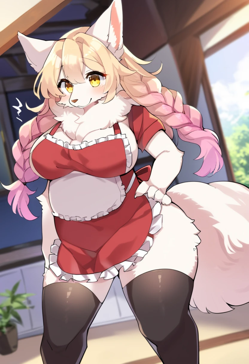 score_9, score_8_up, score_7_up, score_6_up, score_5_up, score_4_up, (solo), female anthro hyena, sexy nurse dress, lusty, fluffy body, long blond hair, turquoise eyes, (thick thighs:1.5)((( offering the breasts))) sex partial clothes, (((cleavage))) semi-butonned uniform niform, (barely_visible_booba) (she is standing) , giant breasts, garter belt tights ((low angle view))