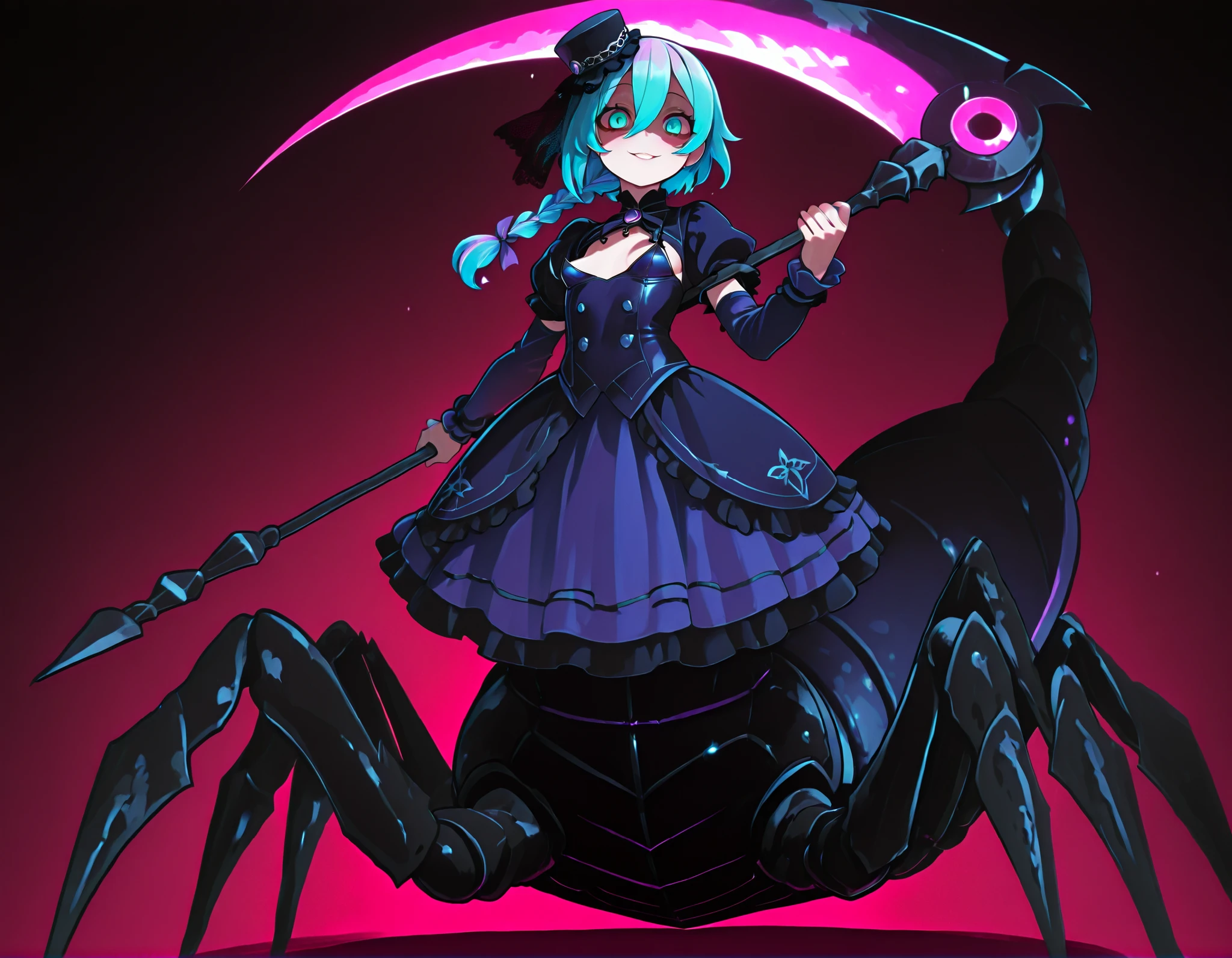 Serket. Scorpion type Arachne Girl. Lavender colored hair. Single braid. Gothic dress. Purple and blue dress. Ruffles. Lace veil. Small gothic hat. Yandere eyes. Scythe. Holding a weapon. Perky breasts. Scorpion legs. Scorpion claws. Scorpion tail. Black carapace. Multiple legs.