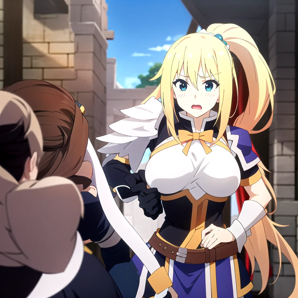 tall body, tall, Long Legs, maturity female, maturity, aldult,
_Kunsuba_ darkness, darkness (Konosuba), 1 Girl, blond, Blue Eyes, hair, Hair accessories, x Hair accessories, Ponytail, open mouth , armor, alone, Aqua (Konosuba), Anime coloring, breast, sky, Parody, outdoor, upper body