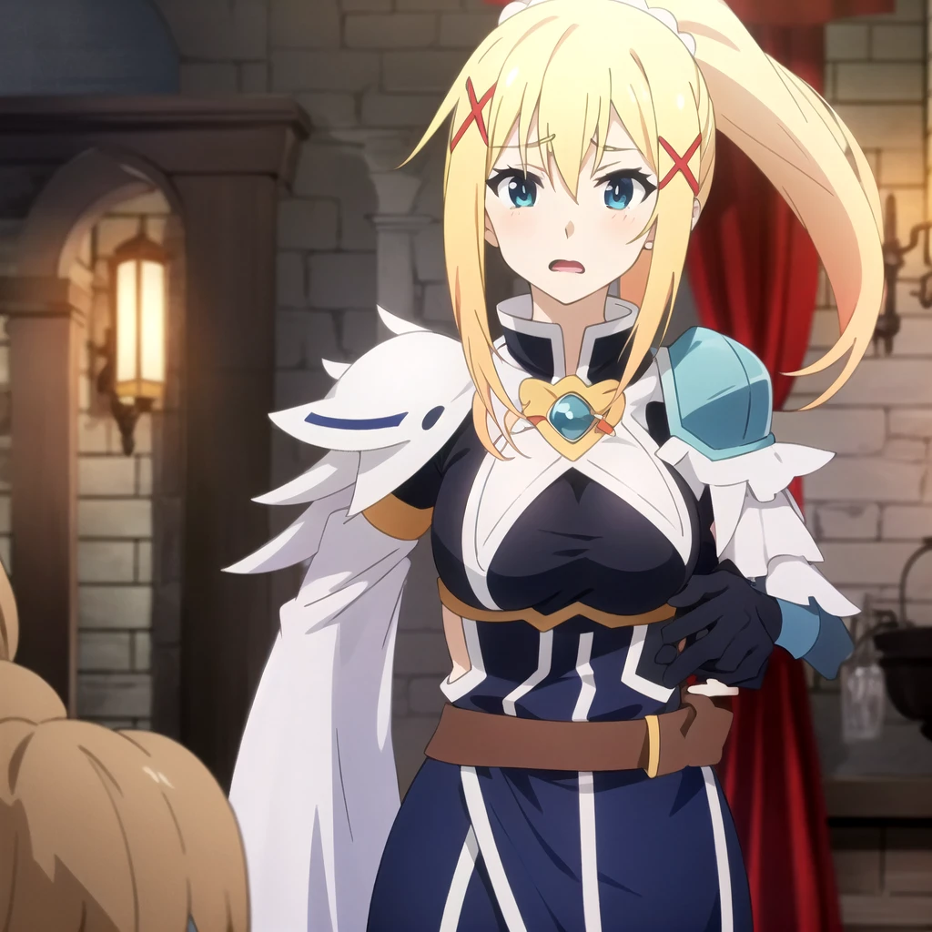 tall body, tall, Long Legs, maturity female, maturity, aldult,
_Kunsuba_ darkness, darkness (Konosuba), 1 Girl, blond, Blue Eyes, hair, Hair accessories, x Hair accessories, Ponytail, open mouth , armor, alone, Aqua (Konosuba), Anime coloring, breast, sky, Parody, outdoor, upper body