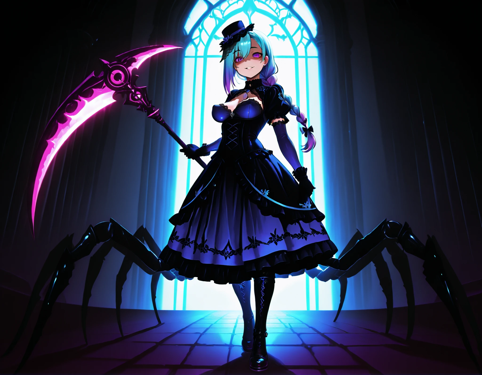 Serket. Scorpion type Arachne Girl. Lavender colored hair. Single braid. Gothic dress. Purple and blue dress. Ruffles. Lace veil. Small gothic hat. Yandere eyes. Scythe. Holding a weapon. Perky breasts. Scorpion legs. Scorpion claws. Scorpion tail. Black carapace. Multiple legs.