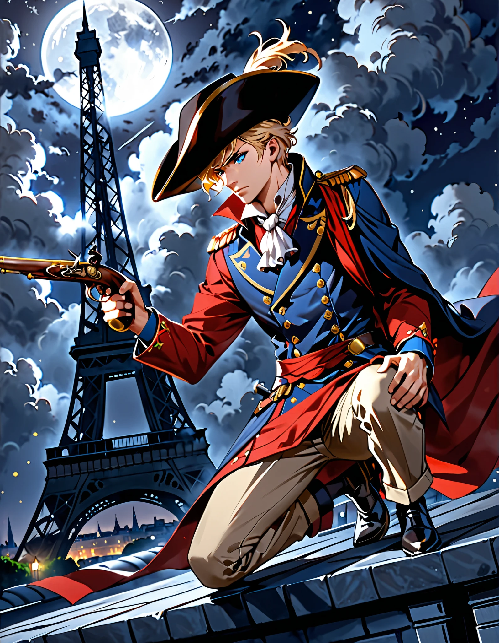 masterpiece, best quality, high res, highly detailed, 1boy, mature man, assassin, A dashing yet cold and calculated figure kneels on a rooftop in a spining position in a professional manner, ready to eliminate his target, clad in a striking blue and red military-style coat adorned with gold buttons and epaulets, accompanied by a white cravat and a blue waistcoat. The outfit is complemented by beige trousers. A grand, feathered tricorn hat sits atop his head, adding to the air of regality and command. He aims a flintlock pistol with both hands, showcasing a sense of professionalism and mystery. The background reveals a nighttime modern day Parisian cityscape, with the iconic Eiffel Tower and Arc de Triomphe visible under the glow of a bright full moon, surrounded by swirling clouds. The scene is intense and dynamic, with cinematic lighting enhancing the vivid, yet noir atmosphere, blonde hair, short hair, chiseled face, blue eyes, cold expression, looking away, dutch angle, fix hands, corrected fingers, finger on trigger