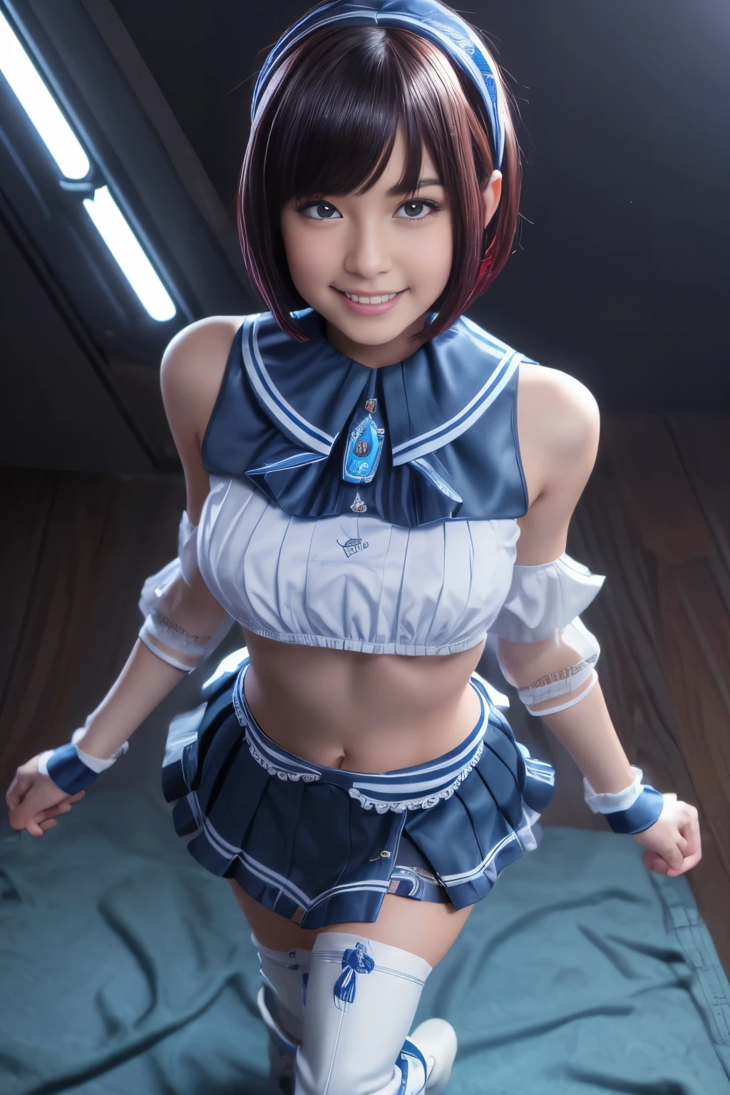 (best quality, high resolution, masterpiece:1.2), very detailed, realistic:1.37,(perfect anatomy),1 girl, cowboy shot,Cute and Perfect Japanese Idol Woman,,(big smile),(beautiful dark eyes:1.2),beautiful skin, Detailed Facial Features, Complex Hair, detailed costume, beautiful lips,(Blue and White Idol Dress with Skirt and Boots:1.3),headband, Seductive Makeup,,Maroon Hair Bob Cut，Moe pose、 　Cyber Lab