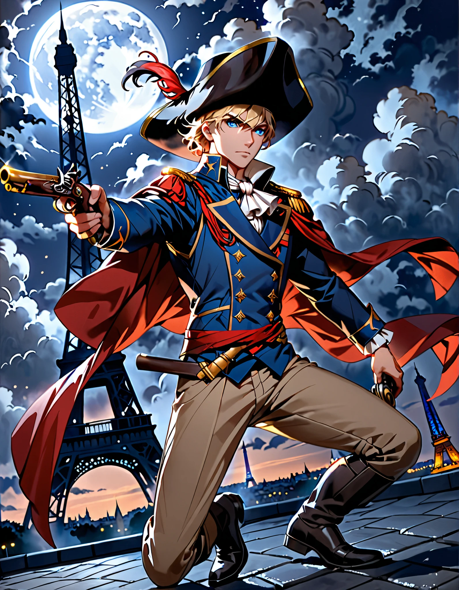 masterpiece, best quality, high res, highly detailed, 1boy, mature man, assassin, A dashing yet cold and calculated figure kneels on a rooftop in a spining position in a professional manner, ready to eliminate his target, clad in a striking blue and red military-style coat adorned with gold buttons and epaulets, accompanied by a white cravat and a blue waistcoat. The outfit is complemented by beige trousers. A grand, feathered tricorn hat sits atop his head, adding to the air of regality and command. He aims a flintlock pistol with both hands, showcasing a sense of professionalism and mystery. The background reveals a nighttime modern day Parisian cityscape, with the iconic Eiffel Tower and Arc de Triomphe visible under the glow of a bright full moon, surrounded by swirling clouds. The scene is intense and dynamic, with cinematic lighting enhancing the vivid, yet noir atmosphere, blonde hair, short hair, chiseled face, blue eyes, cold expression, looking away, dutch angle, fix hands, corrected fingers, finger on trigger