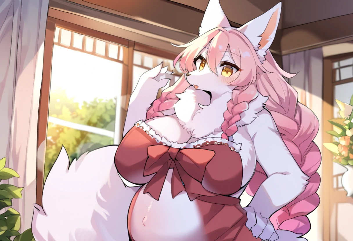 Furry, fox female furry, huge breast, chubby, pink coloured hair, light blue coloured body fur, gold coloured tail, fluffy ear, fluffy big tail, light blue kimono with flower pattern, laying on bed