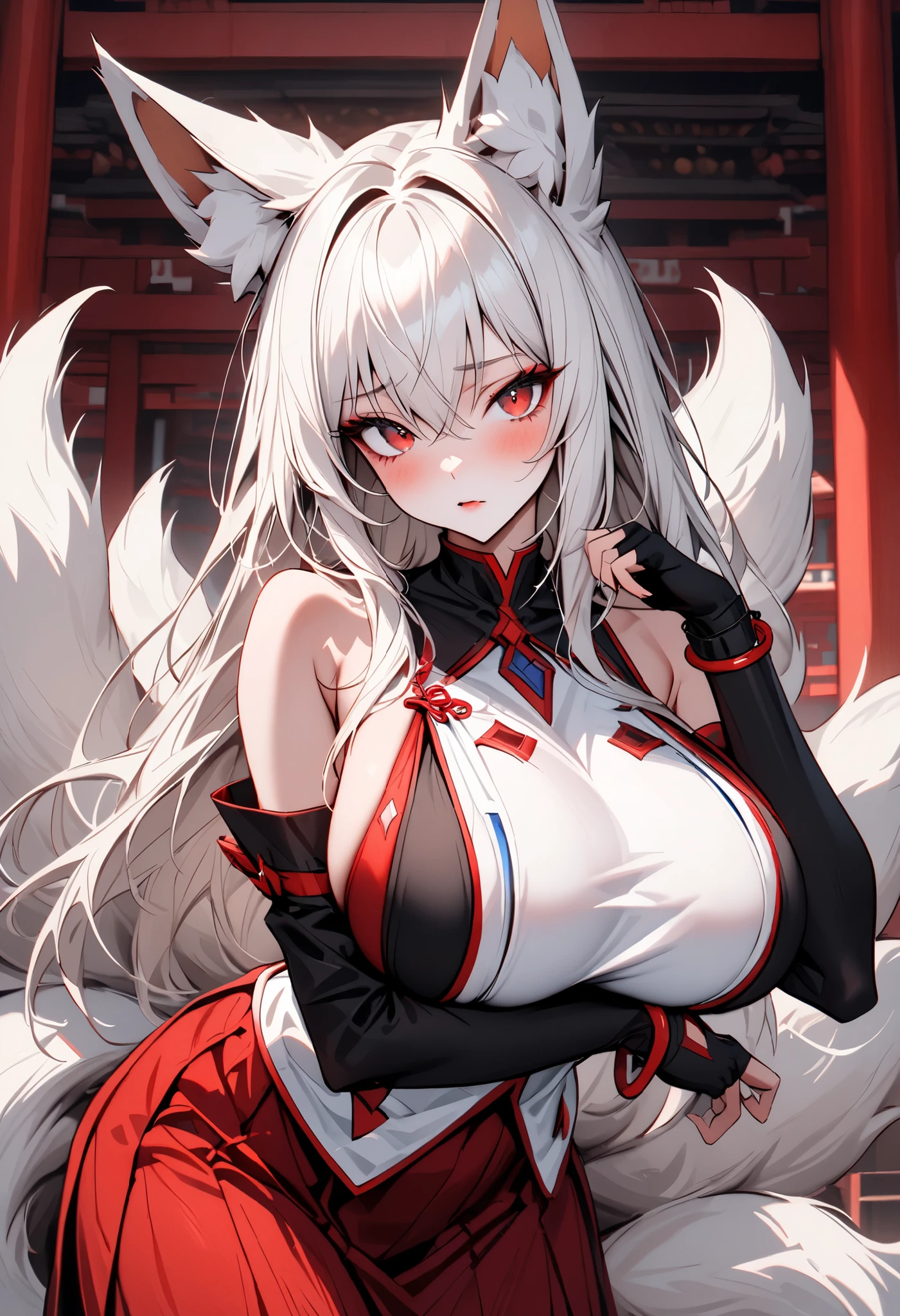 Kitsune, Retrato de Onmyoji, Chica de anime demonio, Deidad de pelo blanco, Arte de cuerpo completo, con ojos rojos, tatuajes en el pecho,cuerpo sexy,best_quality,Sexy Big Breast,erotic pose