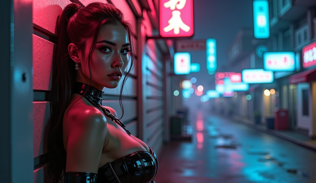 (((Masterpiece))),high resolution,realistic details,sharp focus, hyper-realistic photo of a bartender behind a bar serving you drinks, cyberpunk scene, cyberpunk vibe, New York city in the year of 2527. Super futuristic bar, sharp details, Sexy girl as a bartender,anatomically correct body, depth in vision, illuminated by vibrant neon lights and holograms. Capture the scene from a street-level perspective during a dark and rainy night. The atmosphere should convey a bustling yet ominous mood, highlighting the contrast between the dystopian environment and advanced technology.(Very detailed: 1.3),4k