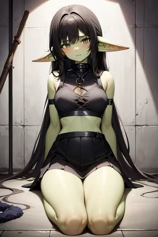 1girl,solamente,Chica duende,cabello negro, pelos cortos,Ojos rojos,piel coloreada,piel verde,pechos enormes,presumido,(Sirvienta),pendientes de anillo,Choques,interior,Disparo de vaquero,Hand on one's own stomach,delantal