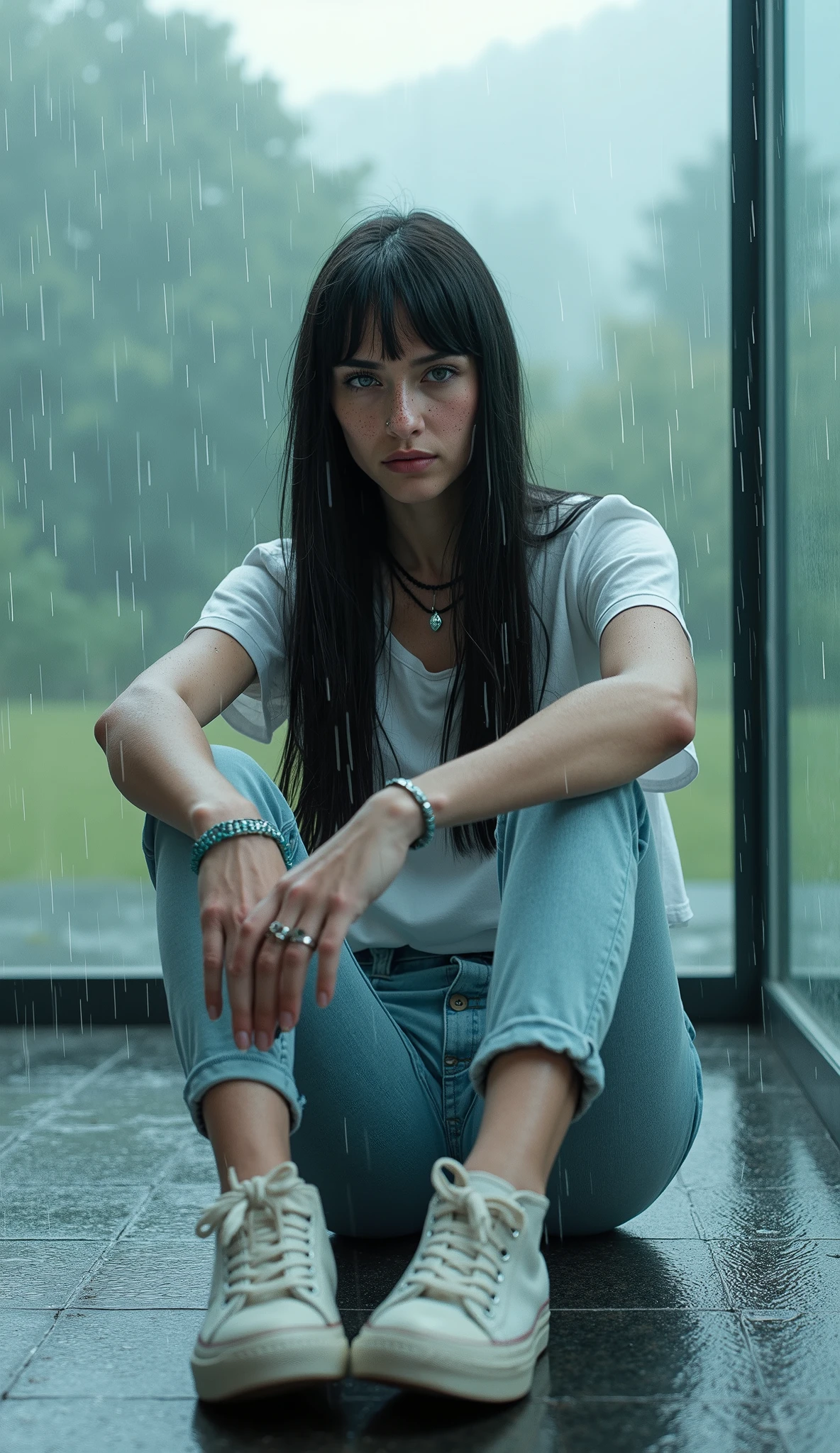 A highly realistic photo of Alina Winter, an 18-year-old Middle European white woman, sitting on a simple plastic chair inside a small, one-room glass house with a glass roof and glass walls. It's daytime, and heavy rain pours outside, streaking down the glass and softly blurring the view. Natural daylight streams in, casting reflections of raindrops and soft glows onto the cool stone tile floor. The interior is minimal, empty, clean.
The shot is composed from a low, seated angle—as if the viewer is kneeling in front of her. Alina sits slightly reclined, one leg extended with her worn-out sneakers boldly facing forward. Her posture is relaxed but deliberate. She gazes downward with a commanding, playful smirk, her expression filled with quiet confidence and a knowing, almost teasing challenge—like she's waiting for the viewer to obey without a word.
She has long, very straight black hair, pale freckled skin, dark eyebrows, and piercing light blue eyes. Her clothes are minimal but flattering: extremely tight, pale blue skinny jeans that contour closely to her legs, and a fitted white t-shirt with cap sleeves. Accessories include a thin black lace choker, several thin light blue plastic bracelets, light blue fingernails, a few simple silver rings, and the visibly worn sneakers.
The image captures cinematic intimacy: high-detail realism, emotional subtext, moody soft lighting, and the quiet contrast between power and beauty.