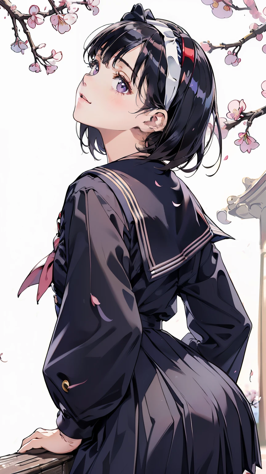 sailor suit, one woman, (Delicate schoolgirl:1.4), 8k, best quality, masterpiece, very well detailed, ultra high resolution, realistic, RAW photos, absolute resolution, black hair, Straight hair small face compared to body、under a cherry tree, very small face, black hair, navy bluesailor suit, Navy Blue Skirt , animated 2D rendering, realistic若いアニメの女子高生, , (white headband that connects to pubic hair and buttocks:1.4), place, small breasts, tall, Slanted Eyes , PURPLE EYES, black stockings, Garter Belt, smile, Under the cherry tree , (I'm looking up at the cherry blossoms:1.3),