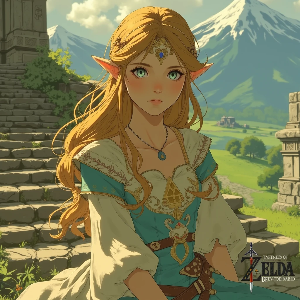 a close up of a person sitting on a stone steps, zelda botw, botw style, princess zelda, from legend of zelda, botw, portrait of princess zelda, zelda with triforce, portrait of zelda, zelda breath of the wild, zelda twilight princess, breath of the wild style, zelda, legend of zelda, zelda style art, hyrule