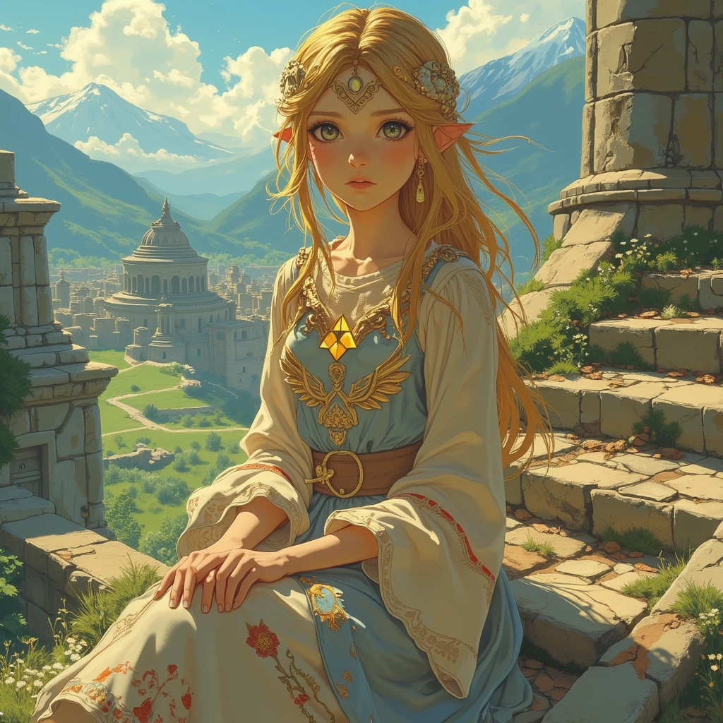 a close up of a person sitting on a stone steps, zelda botw, botw style, princess zelda, from legend of zelda, botw, portrait of princess zelda, zelda with triforce, portrait of zelda, zelda breath of the wild, zelda twilight princess, breath of the wild style, zelda, legend of zelda, zelda style art, hyrule