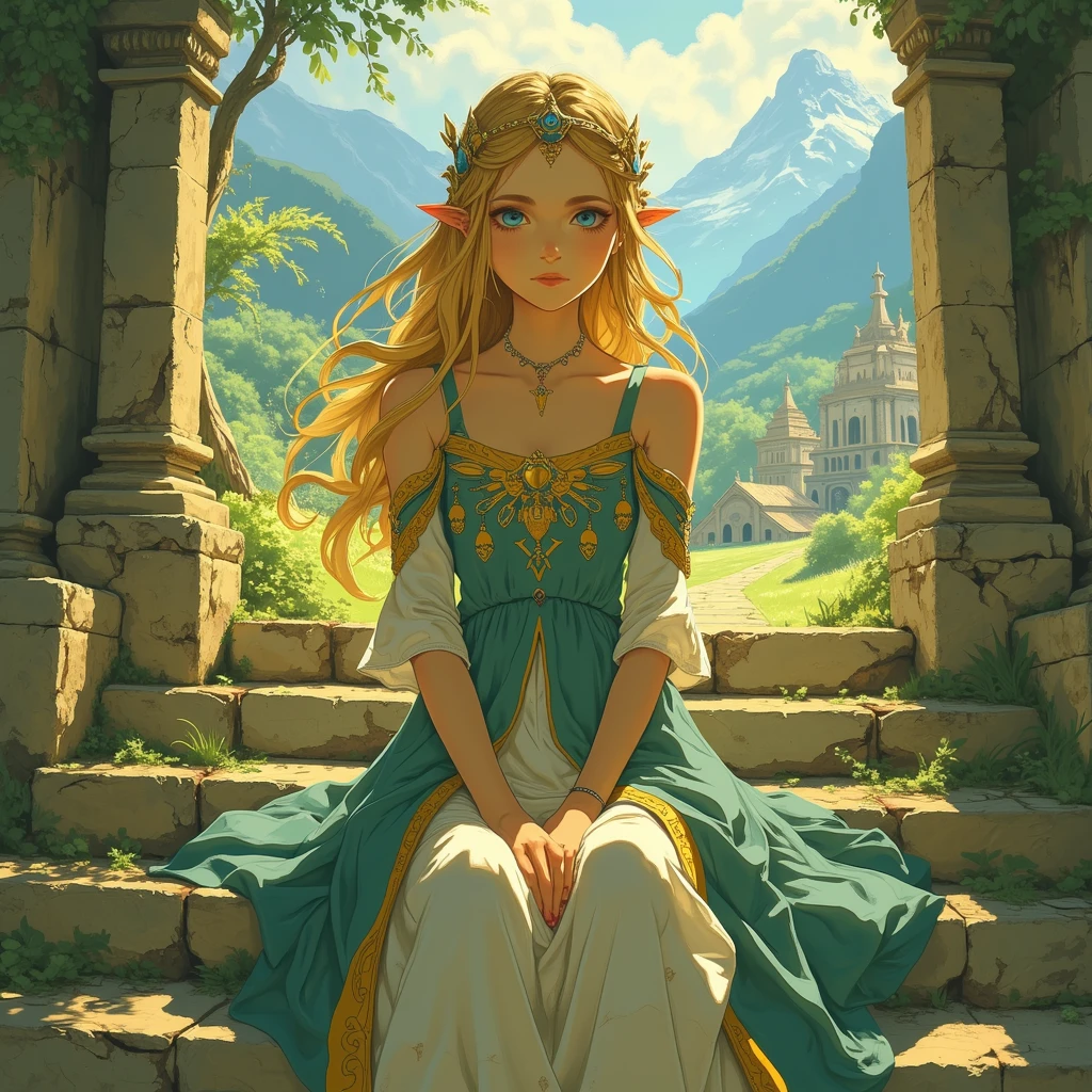 a close up of a person sitting on a stone steps, zelda botw, botw style, princess zelda, from legend of zelda, botw, portrait of princess zelda, zelda with triforce, portrait of zelda, zelda breath of the wild, zelda twilight princess, breath of the wild style, zelda, legend of zelda, zelda style art, hyrule