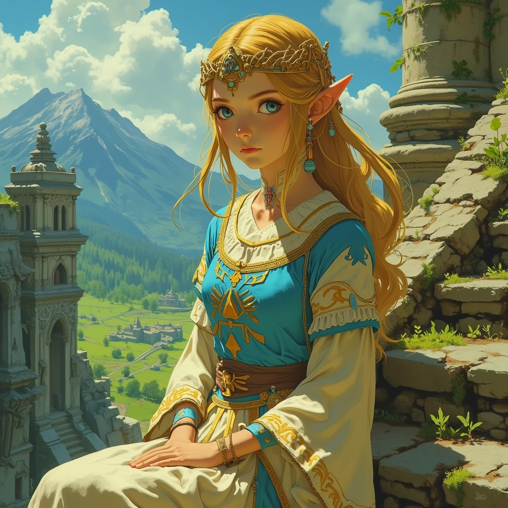 a close up of a person sitting on a stone steps, zelda botw, botw style, princess zelda, from legend of zelda, botw, portrait of princess zelda, zelda with triforce, portrait of zelda, zelda breath of the wild, zelda twilight princess, breath of the wild style, zelda, legend of zelda, zelda style art, hyrule