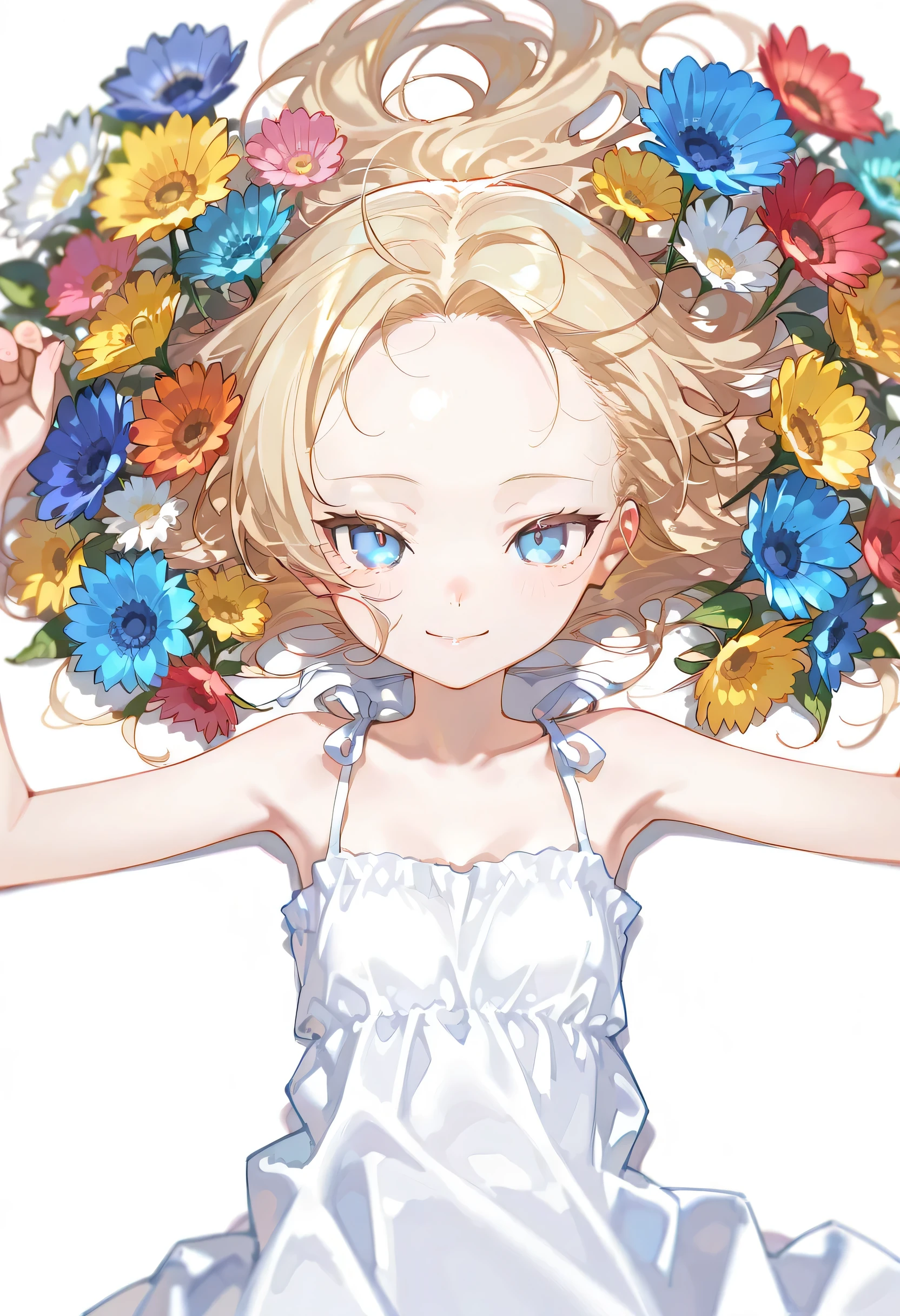 {{{masterpiece}}}, {{{best quality}}}, {{ultra detail}}, {illustrations}, {{very delicate and beautiful}},1girl,,,very long blonde hair,blue eyes,pale skin,detailed beautiful eyes,(small eyes:1.1),(forehead:1.2),messy hair,,A garden filled with beautiful flowers,,,from before, summer dress,, (head tilt:0.3),tsurime,,detailed fingers, smile, lips:0.1, colorful flowers, on back, open arms for viewer, upside-down face