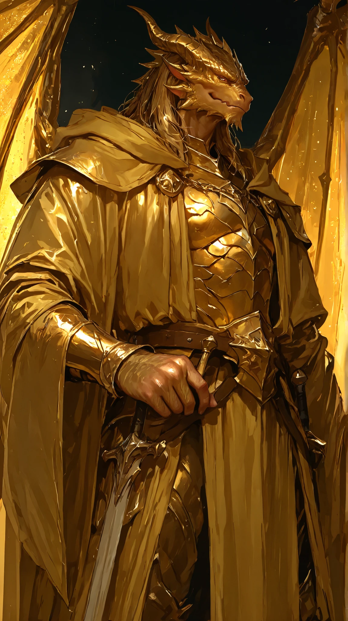 Dragonborn golden body golden male with knight robes dungeons and dragons