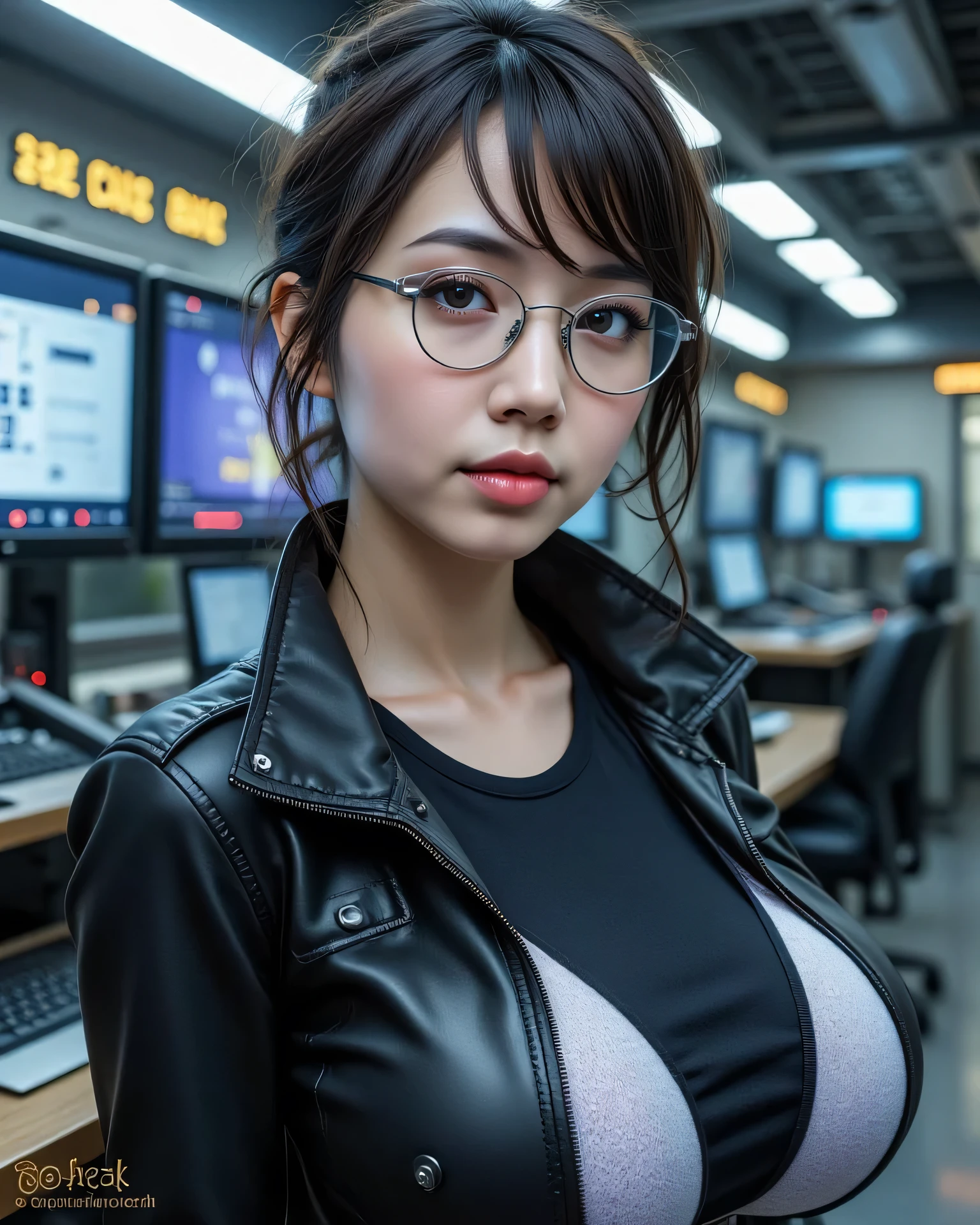 full length, lon shot, erotic cyberpunk image trending on DeviantArt, ultra detailed complex 3d rendering of a futuristic control room, large screen displays, cables, control panels, intricate background, detailed background, BREAK gorgeous young girl, elementary school age, Eliza Dushku as a young cyberpunk hacker, stunningly beautiful face, detailed face, hih cheekbones, elegant, (big round blue eyes:1.3), (sapphire blue eyes:1.3), detailed eyes, eyeglasses, serious, focused, jet black hair, short spikey hair, BREAK, tall, skinny, fit, anatomically perfect, (high tech body suit), glittering lights, microcircuits, (POV focus on extremely huge gigantic round 32ZZZ Chelsea Charms breasts, BREAK beautiful soft studio light, rim light, vibrant details, luxurious cyberpunk, beautiful background, octane rendering, HR Giger style, 8k, best quality, masterpiece,extremely delicate and beautiful, extremely detailed, CG, unit, wallpaper, (realistic, photorealistic: 1.37), amazing, finely detailed, masterpiece, best quality, official art, 8k unit wallpaper CG extremely detailed, absurd, incredibly absurd, full body, sitting, goth, alt, emo, punk, scene, elizadushku33