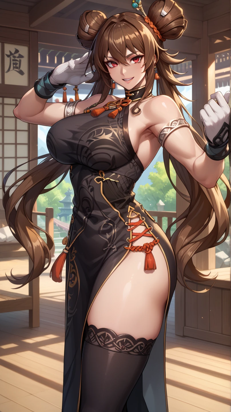 ((Best Quality, 8K, Masterpiece: 1.3)), Chun Li, Masterpiece, Ultra Detail, Ultra HD, 8K, ((Black Pantyhose)), White High Boots, Street Fighter Chun Li, 1girl, Solo, Best Quality, Realistic, Ultra Detailed, (Shiny Skin, Sweating: 1.4), Looking at the Audience, Brown Eyes, Slender, Dynamic Light and Shadow, High Resolution, Sharp Focus, Depth of Field, Fine Eyes, Sharp Pupils, Realistic Pupils, (Thigh Thickness: 1.3), Outdoor, Sky, Detailed Eyes, Backlight, Best Light and Shadow, Intricate Details, Ultra-Detailed Details, Capcom Chunli, Upper Body Close-up, Small Thin Waist, Slim Abdomen, Character Standing, Sideways, Looking Back, Big Eyes, Long Eyelashes, Delicate Nose, Instagram Style Girl, Kung Fu Pose, (Upper Body Portrait: 1.5), Above the Waist Up, Perfect Digital Illustration, Wind, Petals, Flowing Long Hair, Artistic Conception, Messy Red Petal Background, Ancient Chinese Architecture, Temple, Temple, Mountain Road in the Body, Brilliant Light, Particles