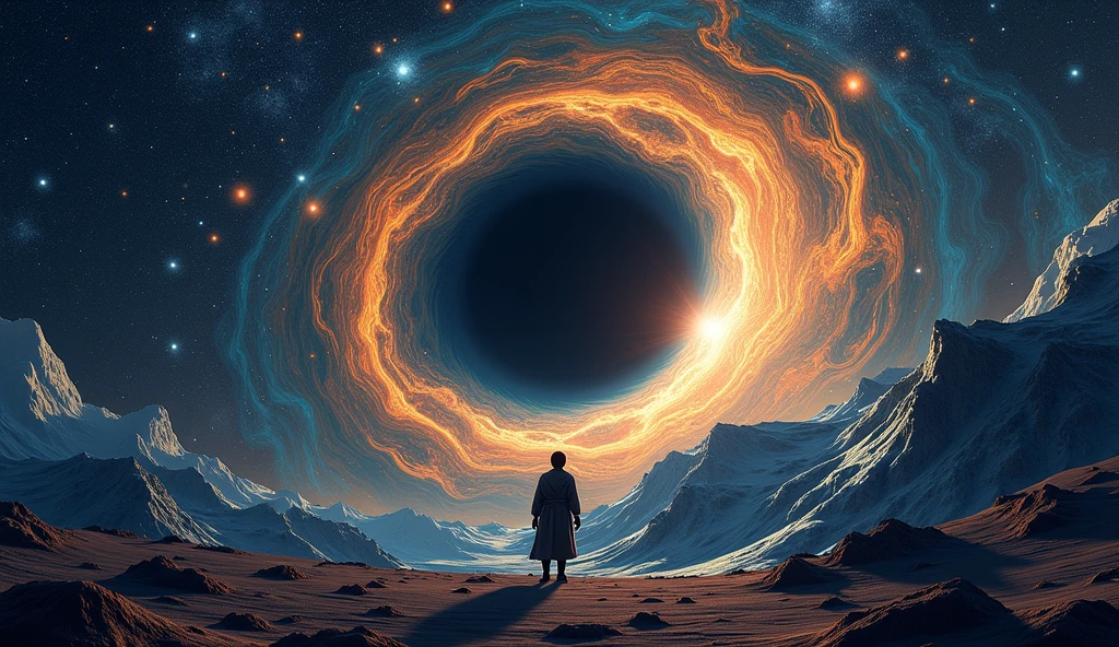 ((Foto RAW), absurdo, (absurd resolution)), obra-prima, Best Quality, (extremely detailed CG Unity 8k wallpaper), (best illustration), (best shade), Realistic lighting, fin ears, Van Gog floating in space in front of a black hole, universo, wide view