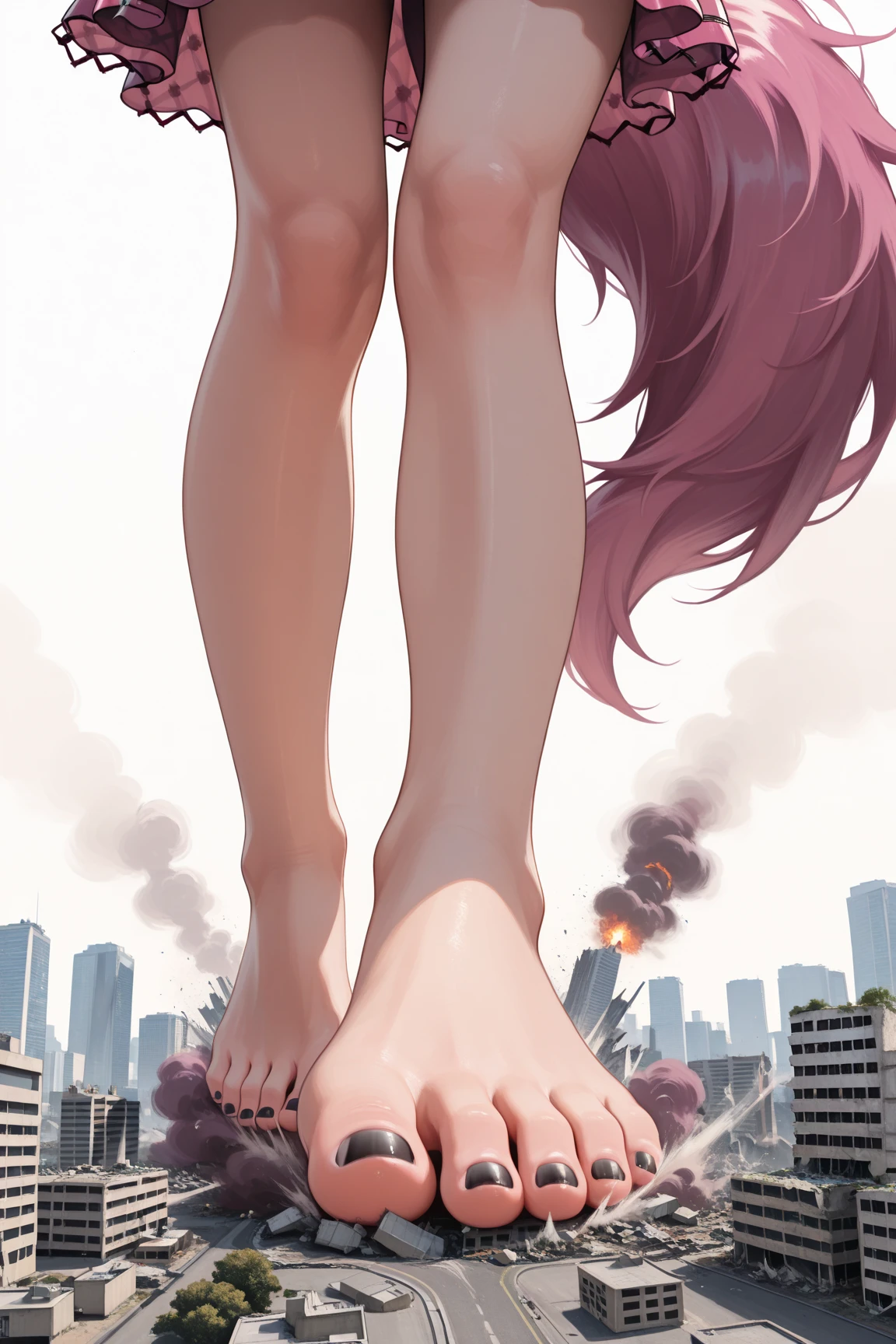 kushina, kushina,  <lora:kushina uzumaki v2-lora-nochekaiser:0.7>  red hair, long hair, hair ornament, hairclip, (grey eyes:1.5), (swept bangs:1.5), evil grin, nude, naked, full body shot
((best quality)), ((highly detailed)), masterpiece, ((official art)), (detailed eyes, deep eyes), (1girl:1.33, solo), full body, 
narrow eyes, looking down, symmetrical eyes, symmetrical face
perfect arms, perfect hands, perfect face, perfect legs, perfect thighs, perfect feet ground view, from below, groundview, low angle looking down:1.5, looking at the ground, unamused <lora:giantess:1>, blue sky, lying on side, city, giga giantess, gts, giantess laying on a cityscape, destruction, rampage, huge craters, ravines, cracks in the ground, earthquake, smoke, fire, destroyed city, ruins, rubble, debris, crumbling, destroyed buildings, knocked over buildings, toppled skyscrapers, crumbling buildings, falling buildings, rampage in the city, destruction in the city destroyed cityscape
