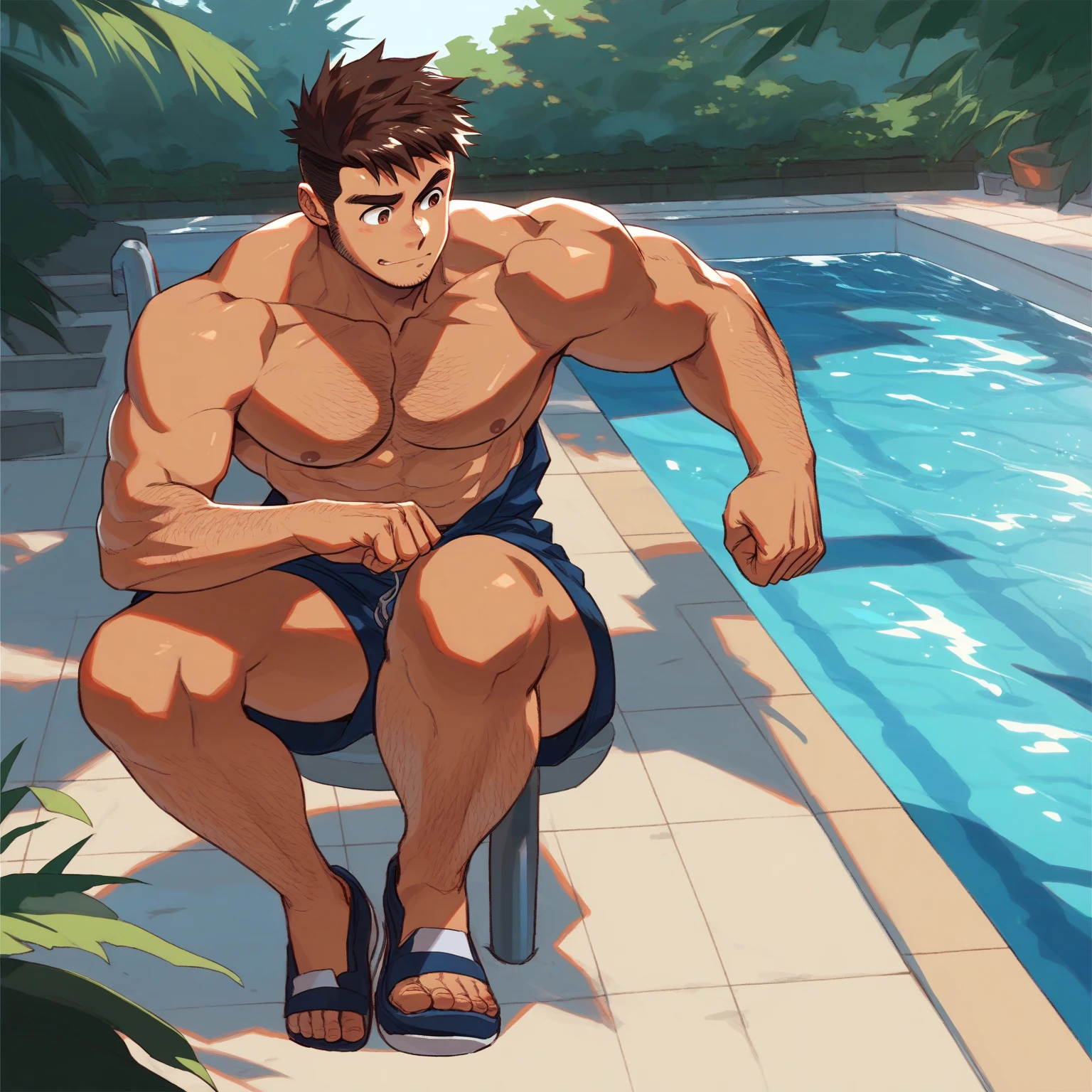 Roy Mustang from Full Metal Alchemist, wearing swimsuit, smug smile, bodybuilder, defined body, posing, shirtless, abs, big legs, walking around the pool