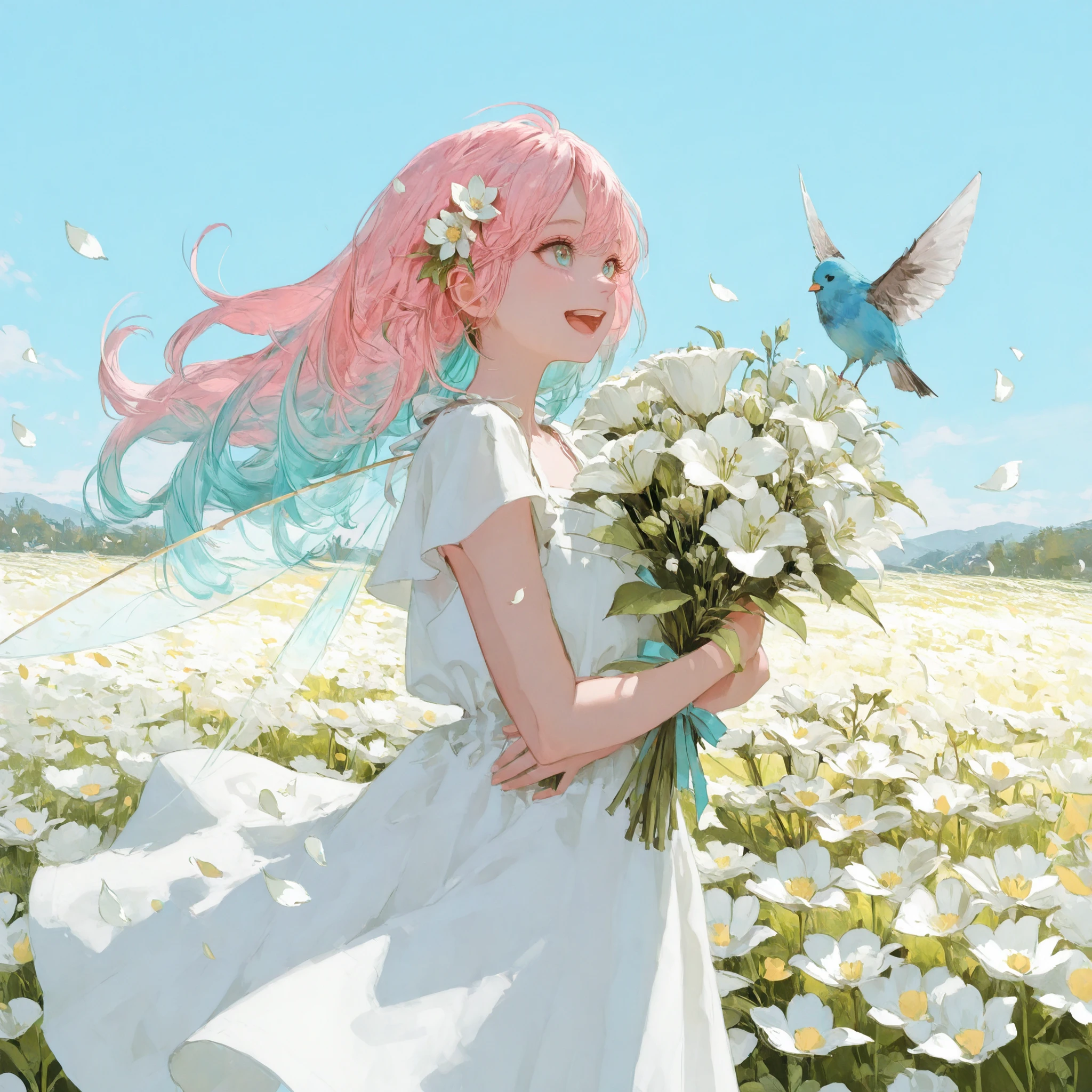 Girls' Front, neat figure, Beautiful detailed girl, young, long hair, flowing hair, Beautiful face, beauty detailed eye, opal-colored hair, happy, flower in hair, white sundress, fairy wings, hug colorful bouquet, a little bird perched on her shoulder, (petals:1.3), wind, Spring, Flower Field, blue hour
