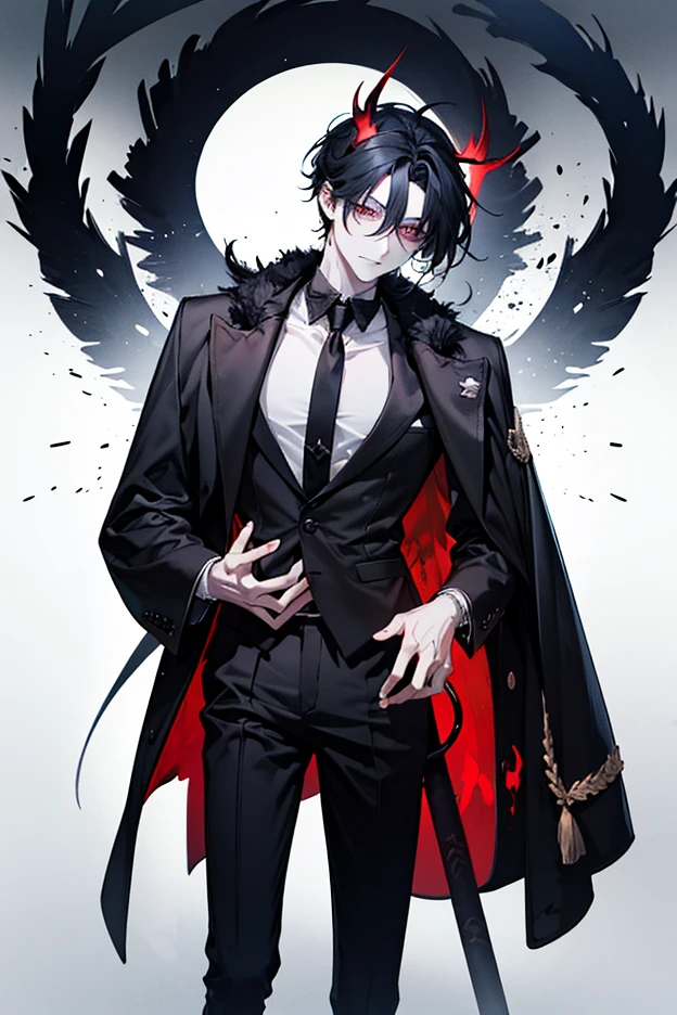 The best quality, one, beautiful, 1 man, with a sporty body, V-shaped body, wide shoulders, he is in a black British suit, a beautiful and confident face, big bloody wings, sharp ears, long black hair, wild and dirty hair, black sclera and blood-red iris eyes, a lot of bloody lines and threads around him