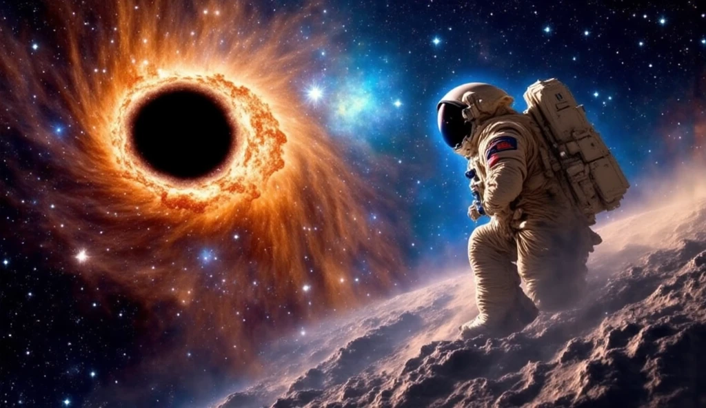 ((Foto RAW), absurdo, (absurd resolution)), obra-prima, Best Quality, (extremely detailed CG Unity 8k wallpaper), (best illustration), (best shade), Realistic lighting, fin ears, Van Gog floating in space in front of a black hole, universo, wide view