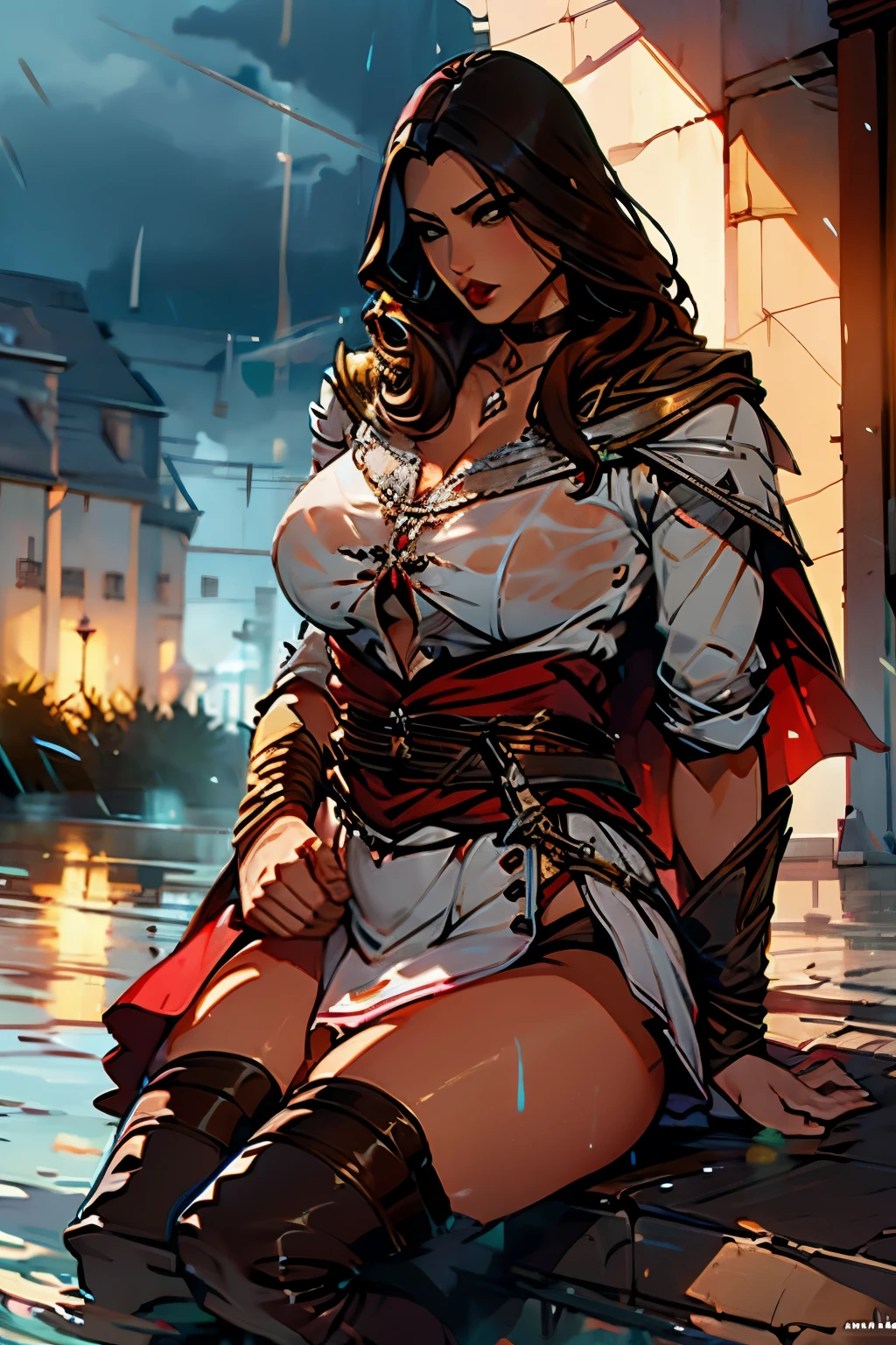 The woman,  knee-high boots , Bracelets on the legs, socks, stockings, (((layer, Cloak))), high boots, ((raining,rain, Dark,Evening, night)).  very detailed, Realistic long-term photography, 4k,  long hair, brown hair, By the chestnut,  red lips,  choker , shocks, sexy,red lips, brown eyes,  big breasts ,  big breasts, breasts,wet clothes, see through clothes, Lucia Auditore)))