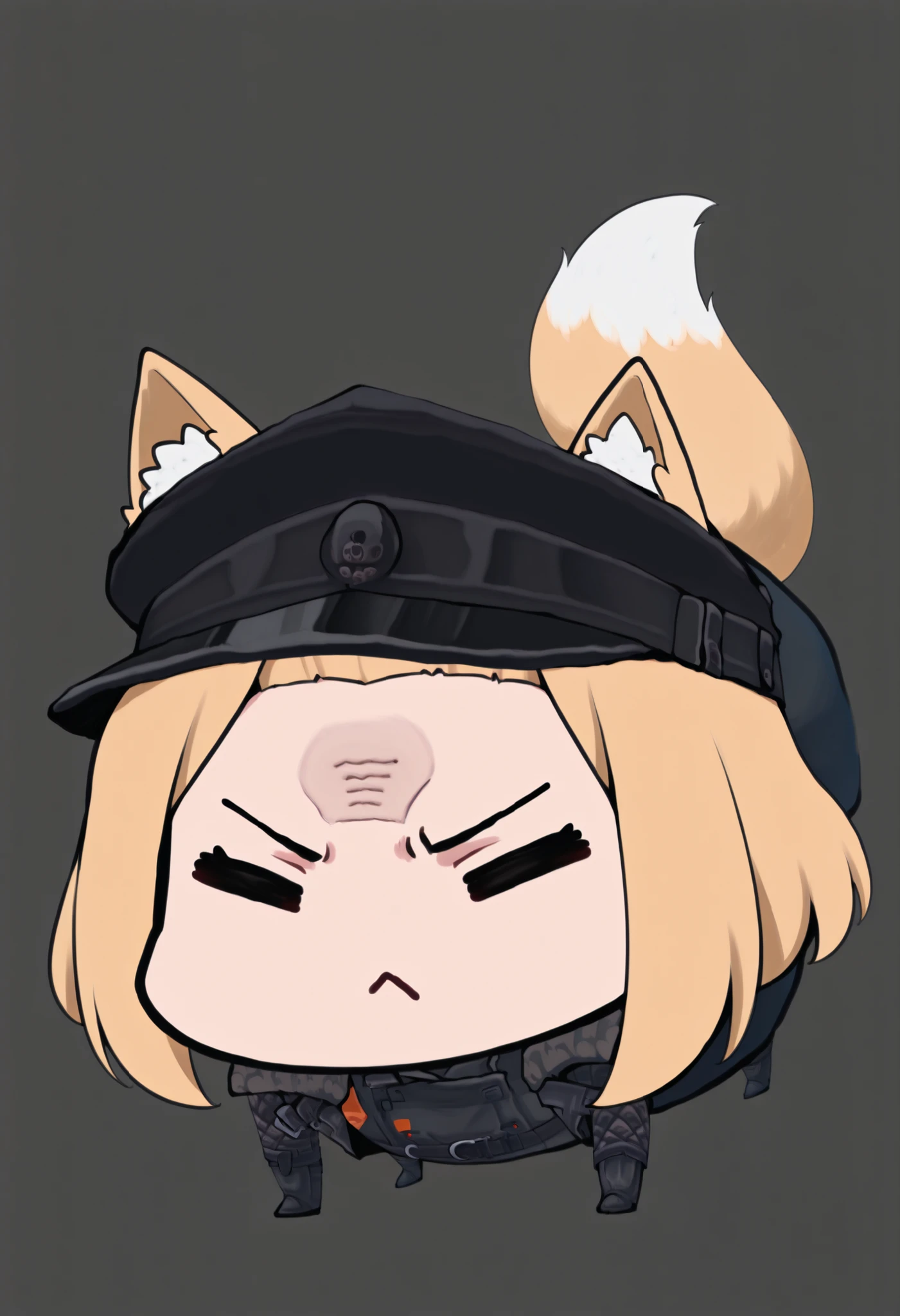 masterpiece, best quality, 1girl, solo, ((testgirl)), animal ears, fox tail, black cap, black clothes, blond, chibi, dot eyes, ((angry pose, angry)), simple gray background, white background, (bare forehead), ((shaved temples:1.3))