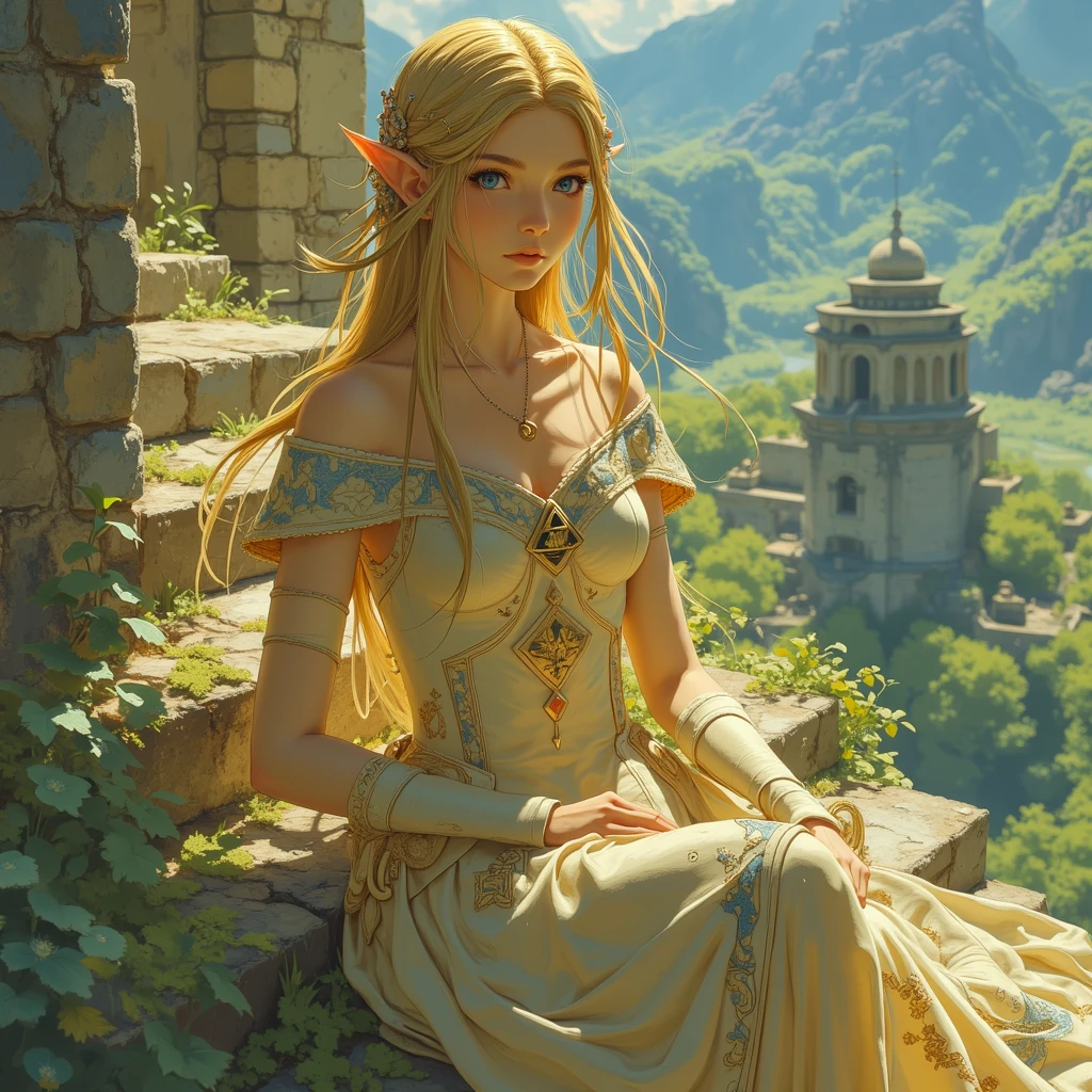 a close up of a person sitting on a stone steps, zelda botw, botw style, princess zelda, from legend of zelda, botw, portrait of princess zelda, zelda with triforce, portrait of zelda, zelda breath of the wild, zelda twilight princess, breath of the wild style, zelda, legend of zelda, zelda style art, hyrule